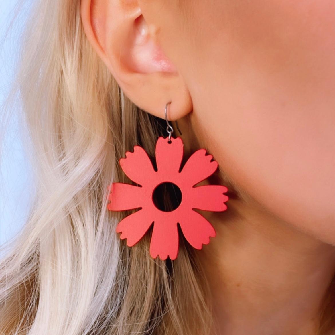 Wooden earrings, Buttercup -red flower earrings