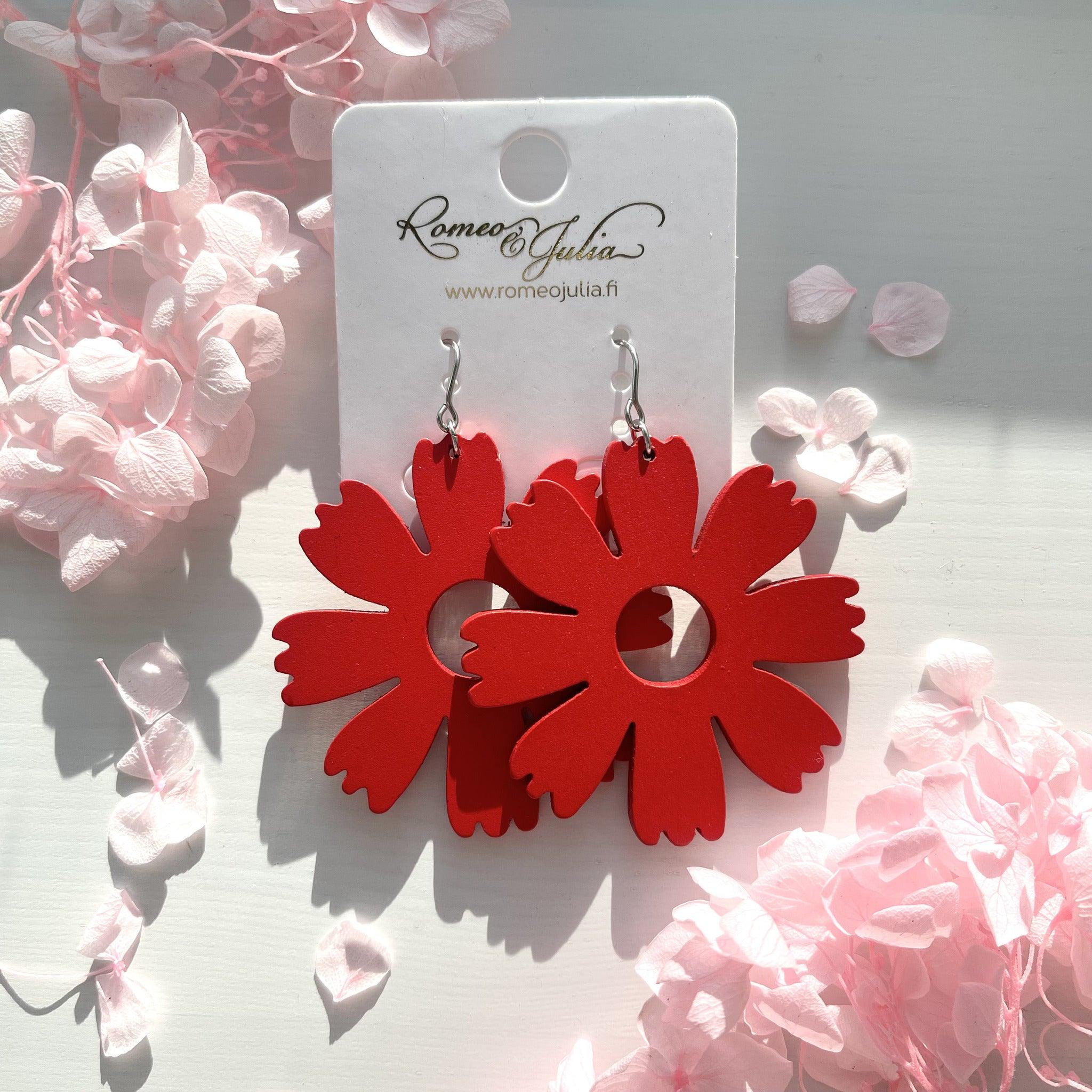 Wooden earrings, Buttercup -red flower earrings