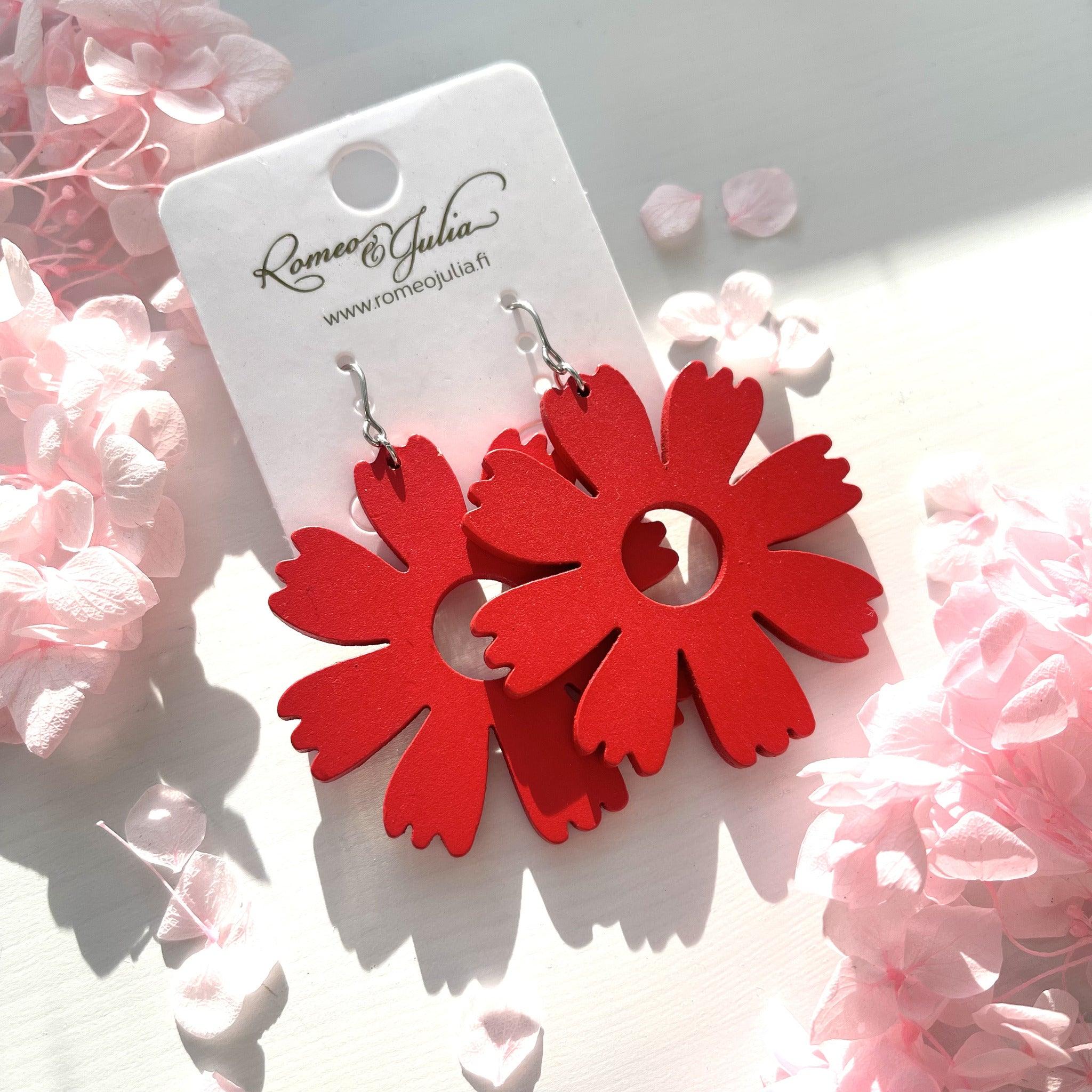 Wooden earrings, Buttercup -red flower earrings