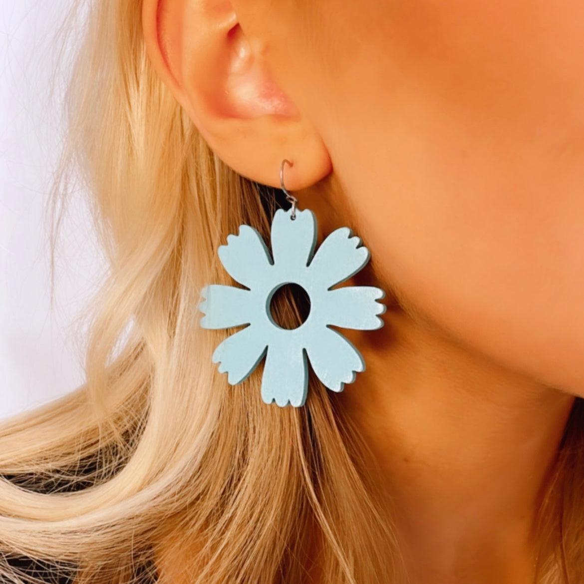 Wooden earrings, Buttercup turquoise flower earrings