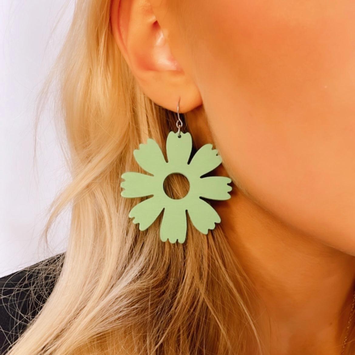 Wooden earrings, Buttercup green flower earrings