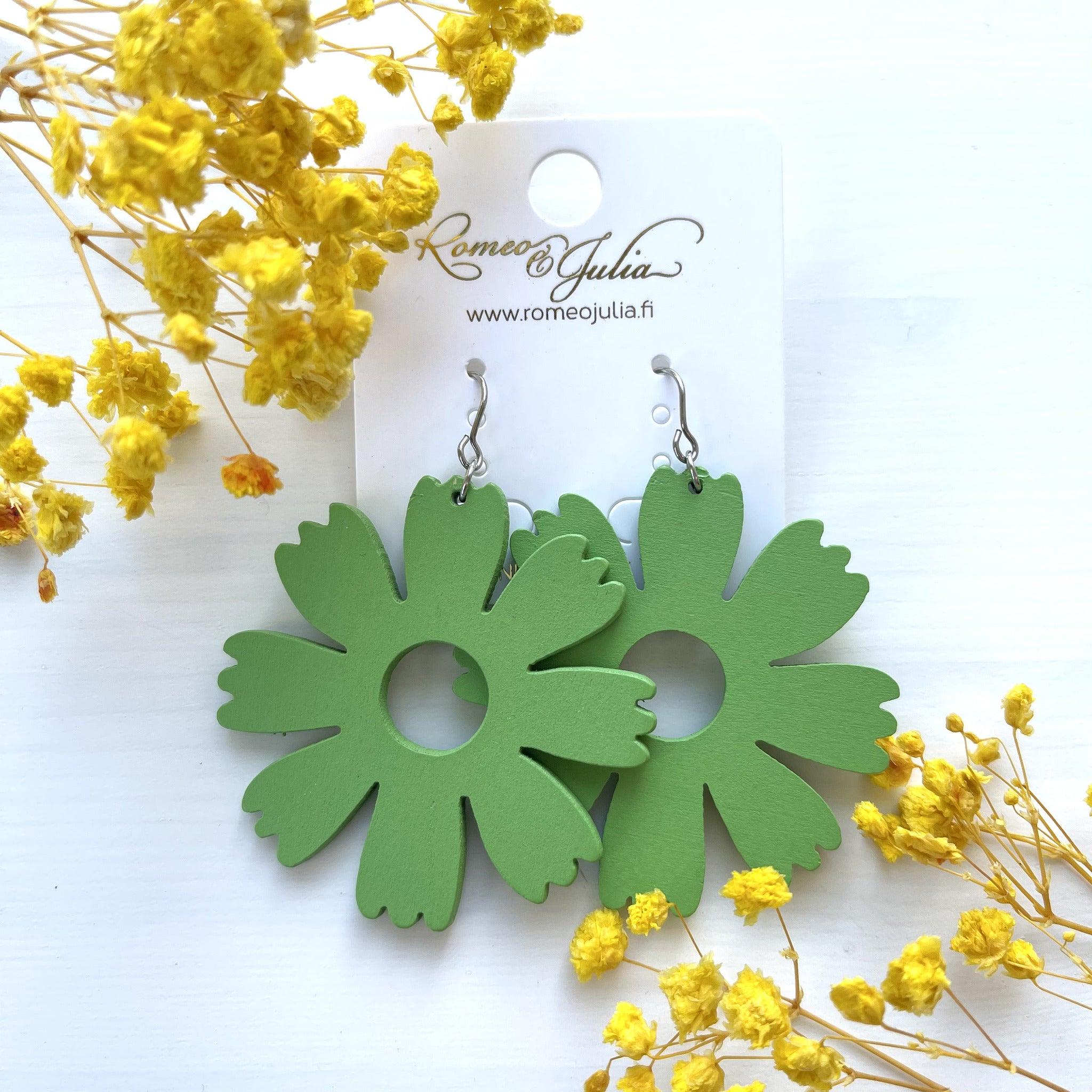 Wooden earrings, Buttercup green flower earrings