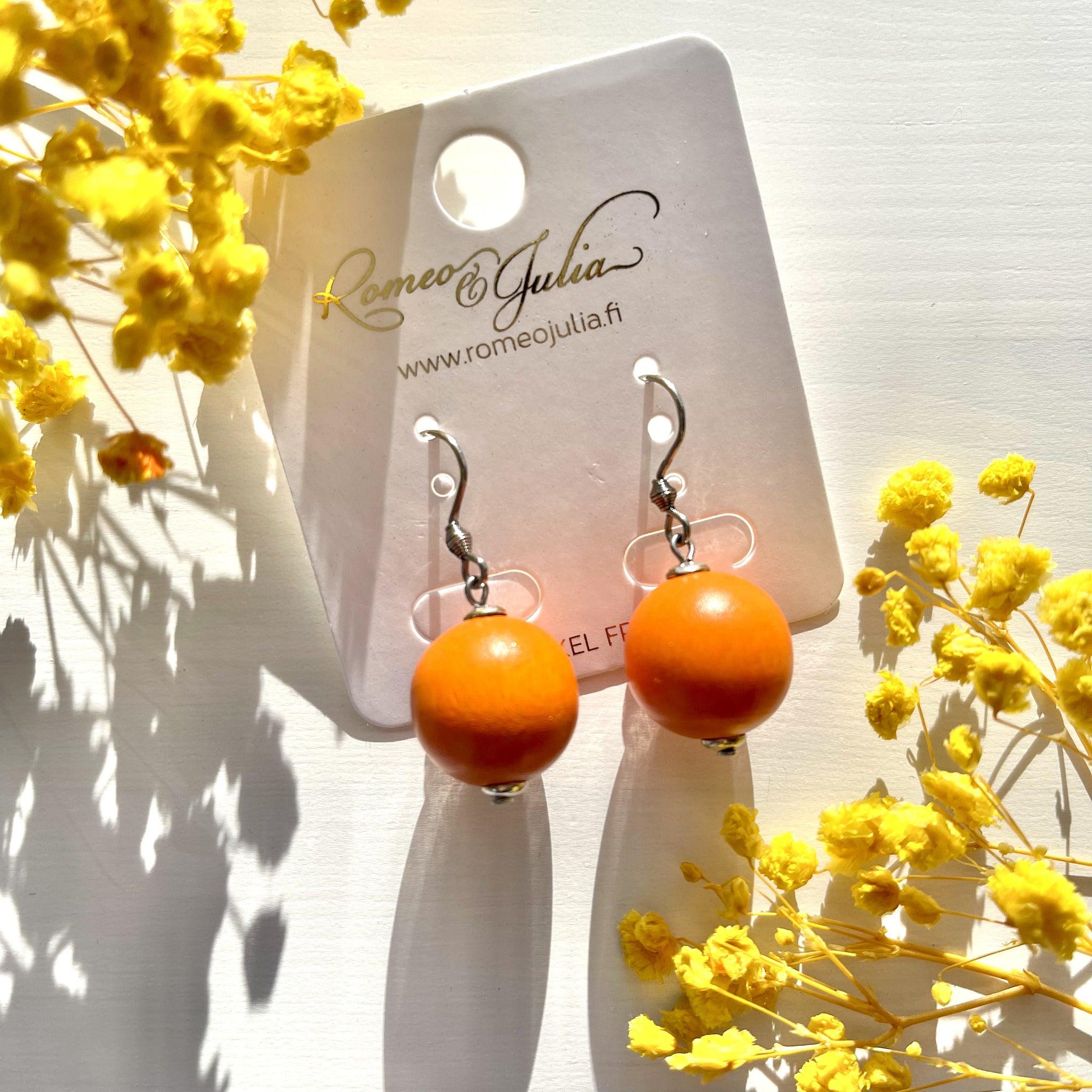 Earrings, Aino (orange birch bead)