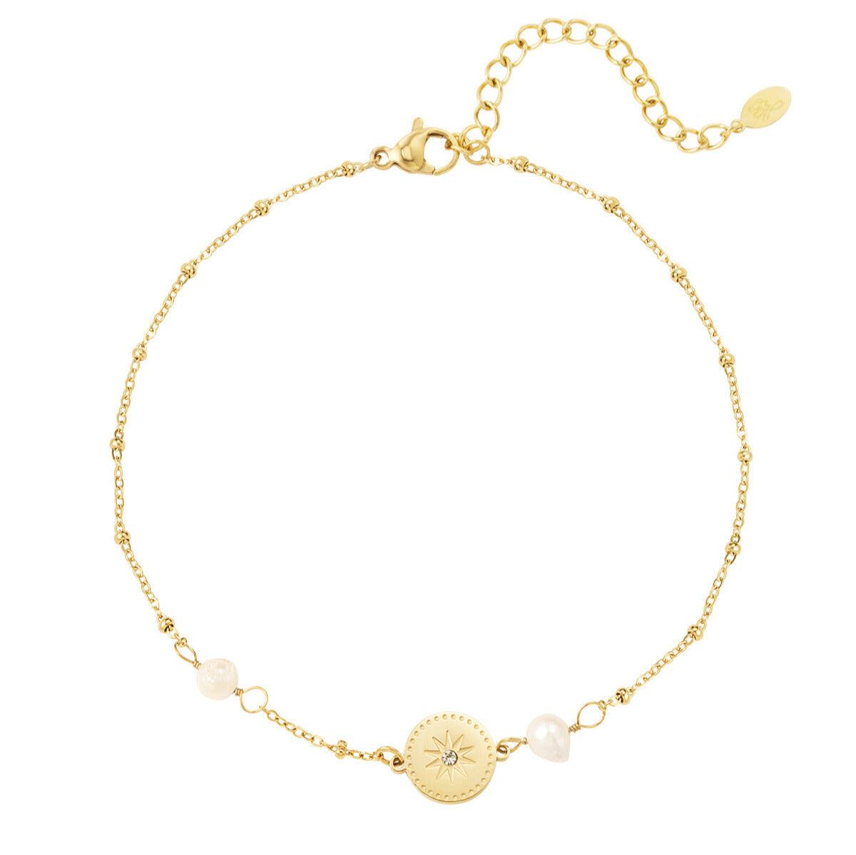 FRENCH RIVIERA | Compass surgical steel anklet with pearl (gold)