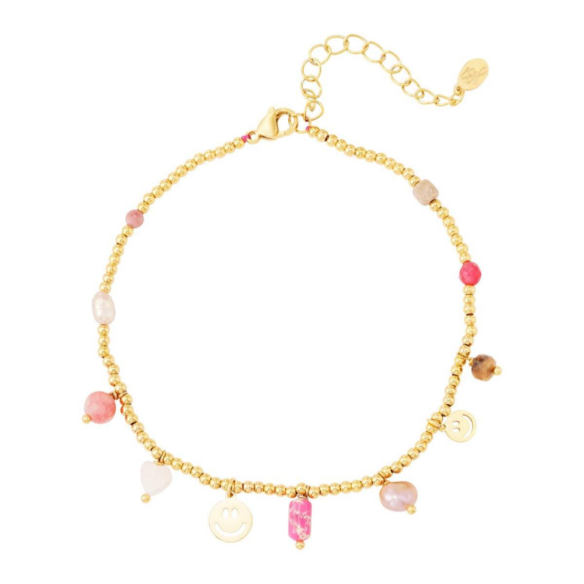 FRENCH RIVIERA | Smiley surgical steel anklet with natural stone (pink)