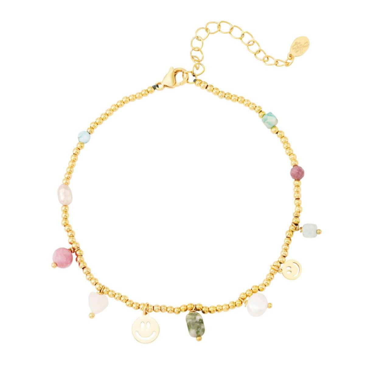 FRENCH RIVIERA | Smiley surgical steel anklet with natural stone (green)