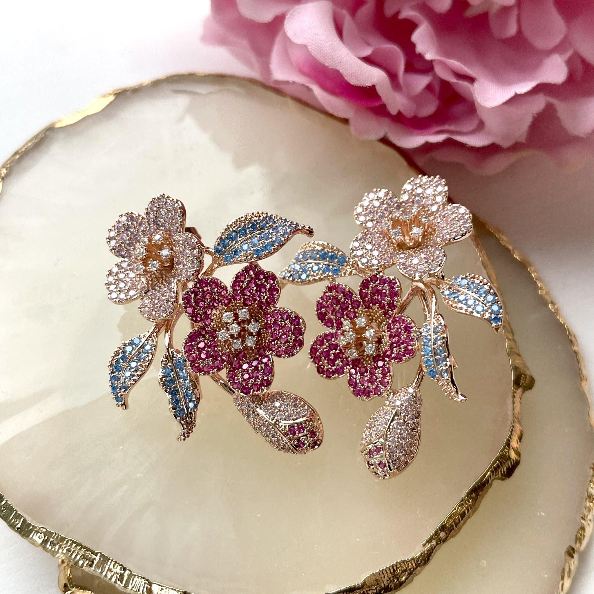 ROMANCE | Midsummer pink crystal flower party earrings