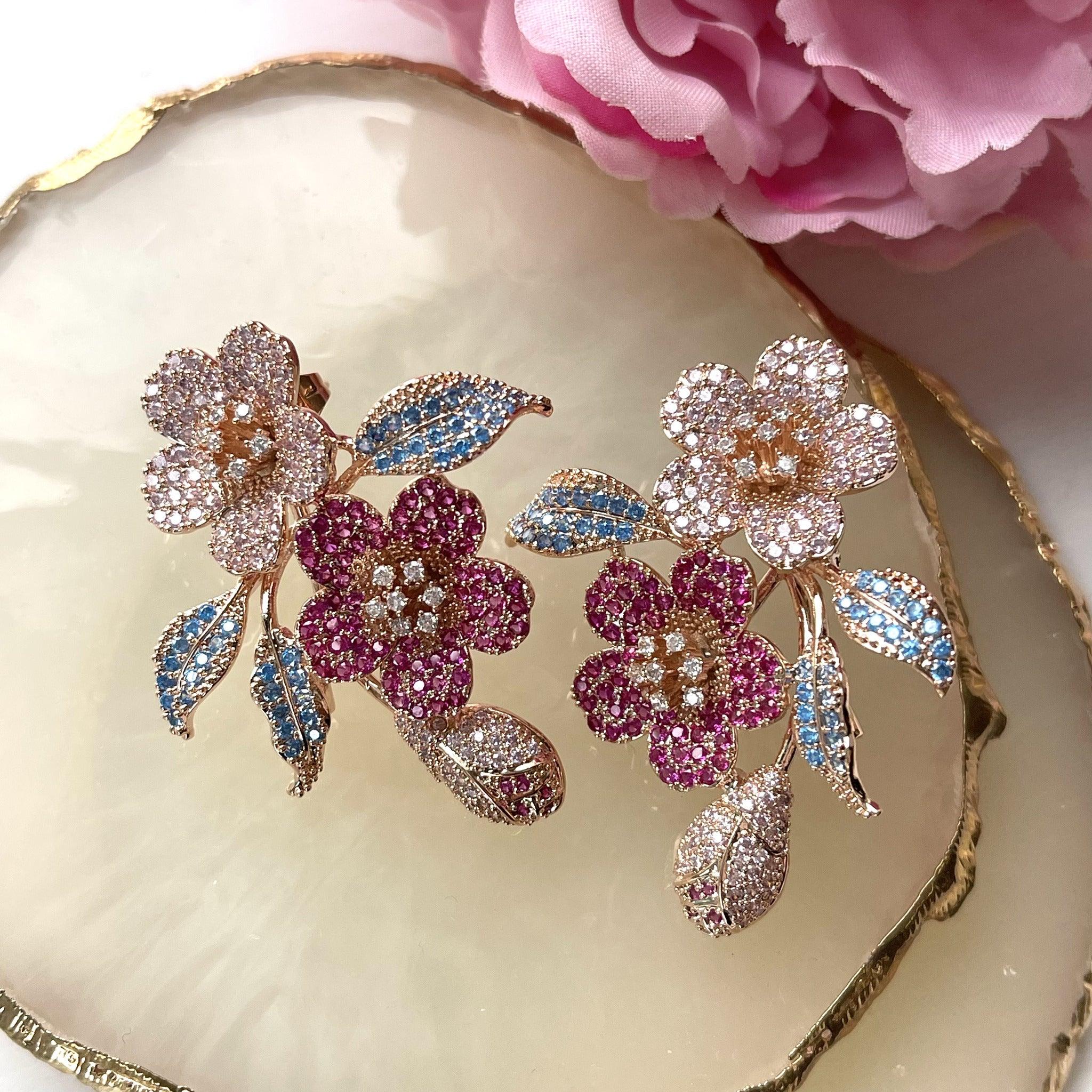 ROMANCE | Midsummer pink crystal flower party earrings