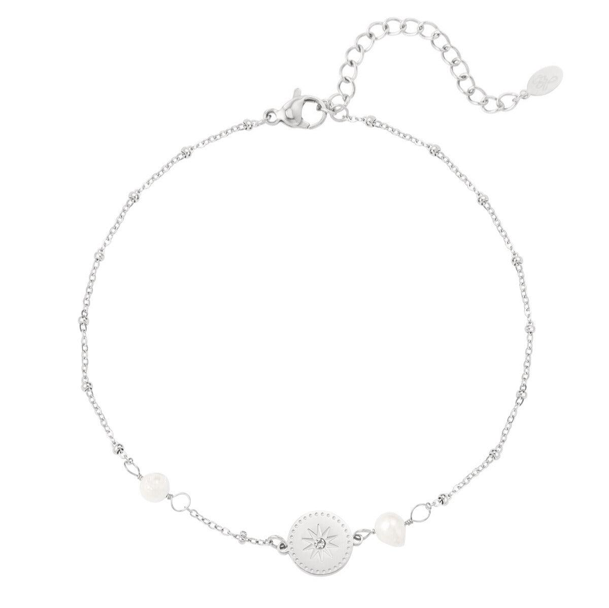 FRENCH RIVIERA | Compass surgical steel anklet with pearl (silver)