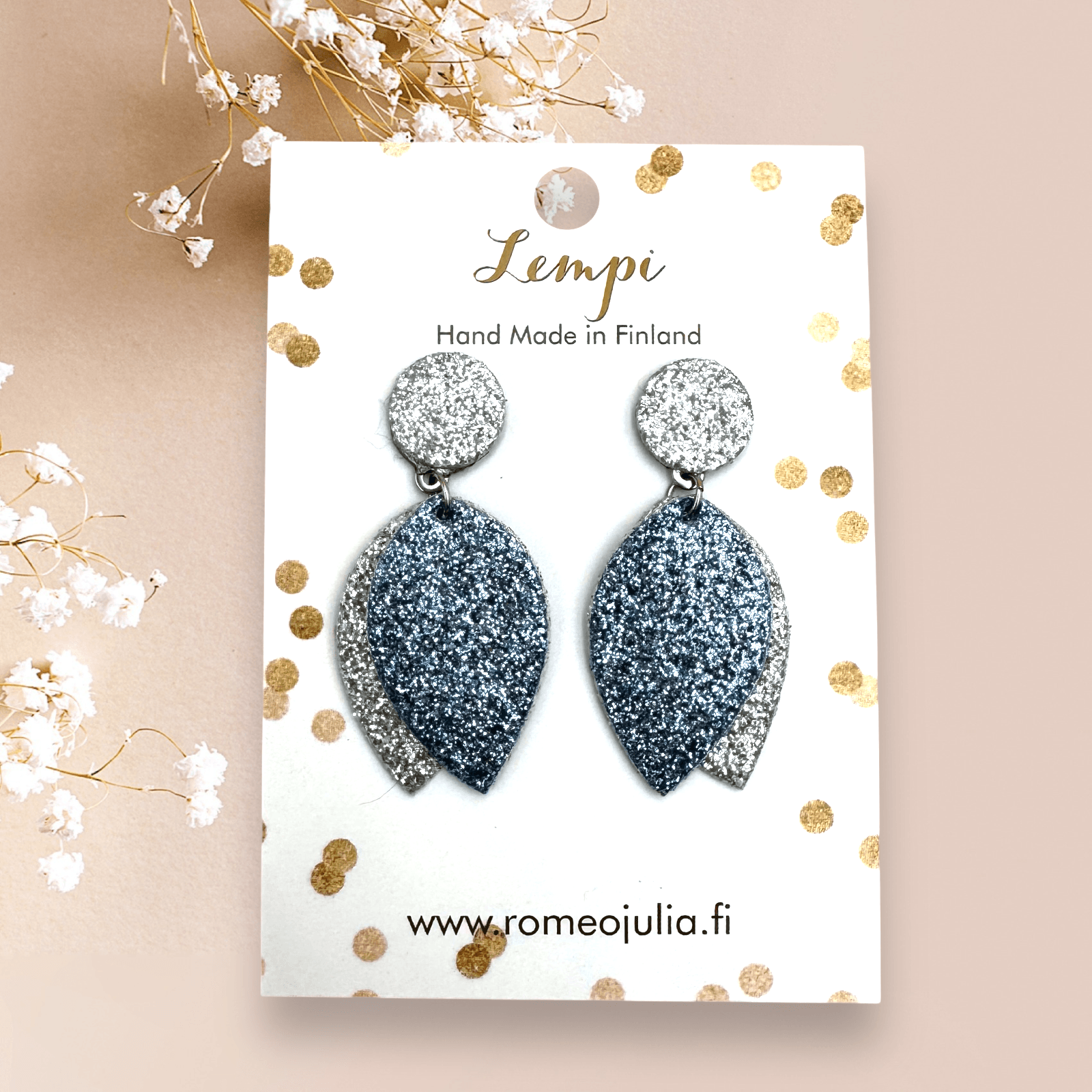 LEMPI® earrings, Bud (blue-silver glitter)