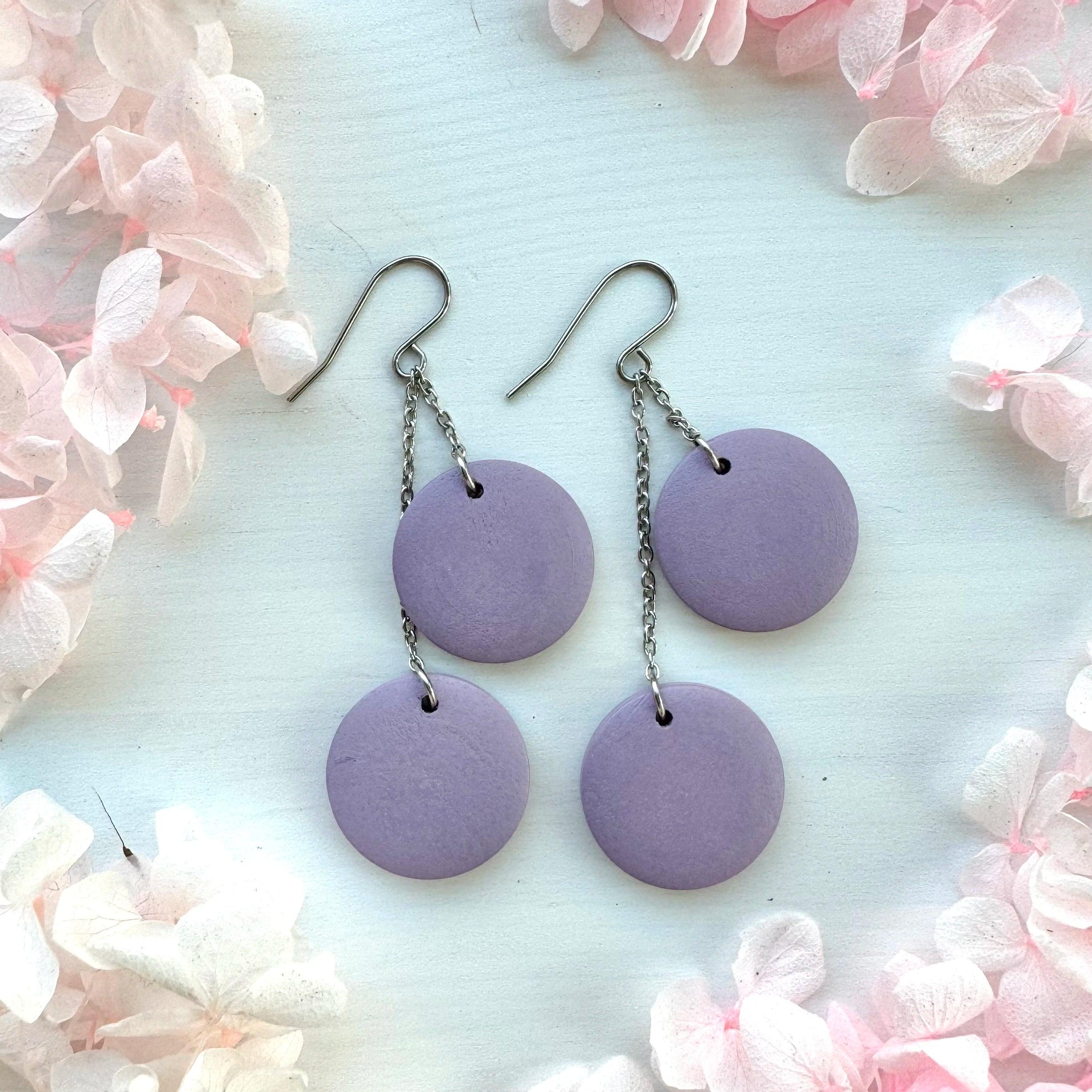 Wooden earrings, Ilona - two-piece wooden bead earrings (lavender)