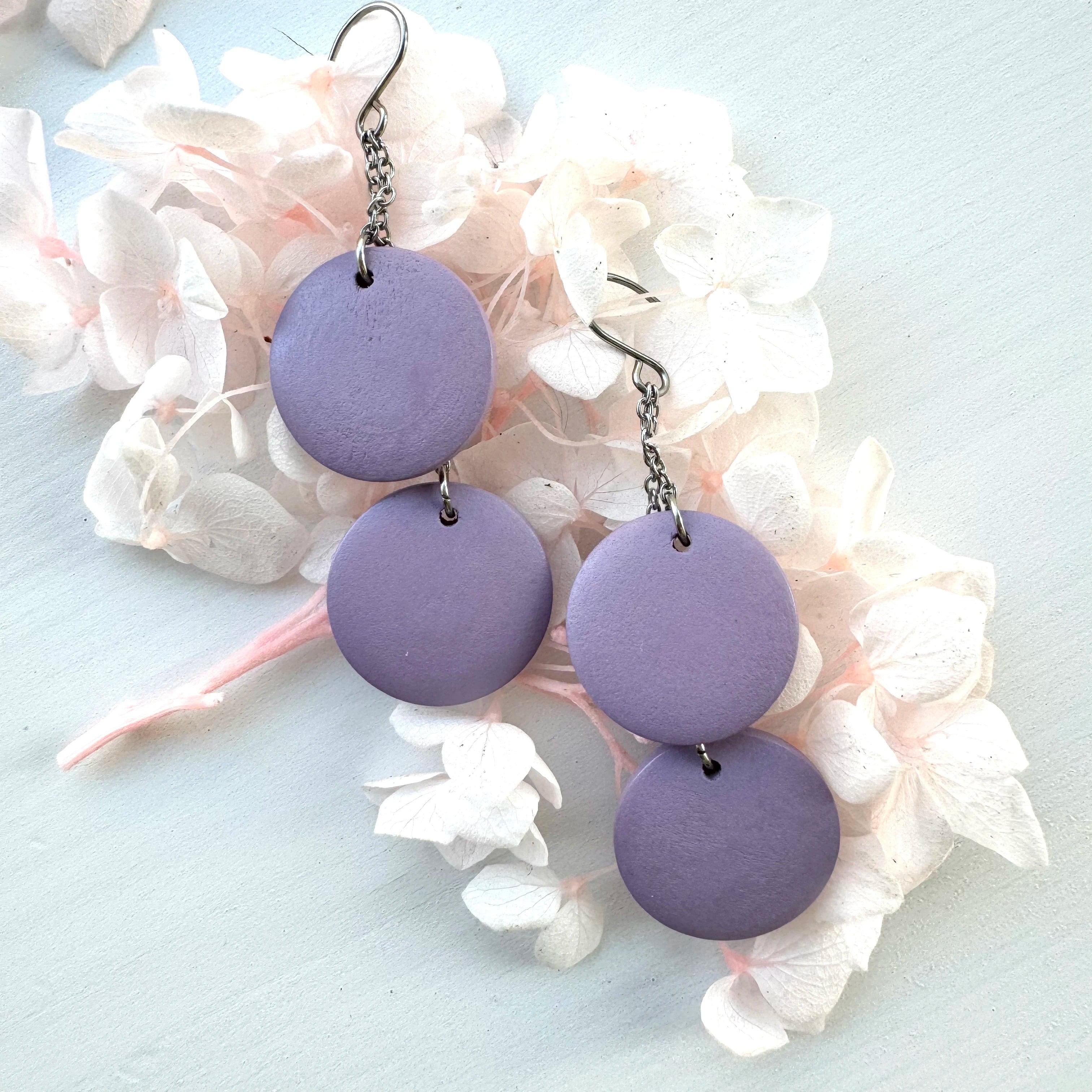 Wooden earrings, Ilona - two-piece wooden bead earrings (lavender)