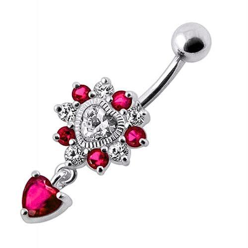 Titanium navel ring, Loving You ruby ​​red dangling heart navel ring