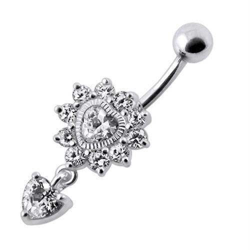 Titanium navel ring, Loving You -clear stone dangling heart navel ring