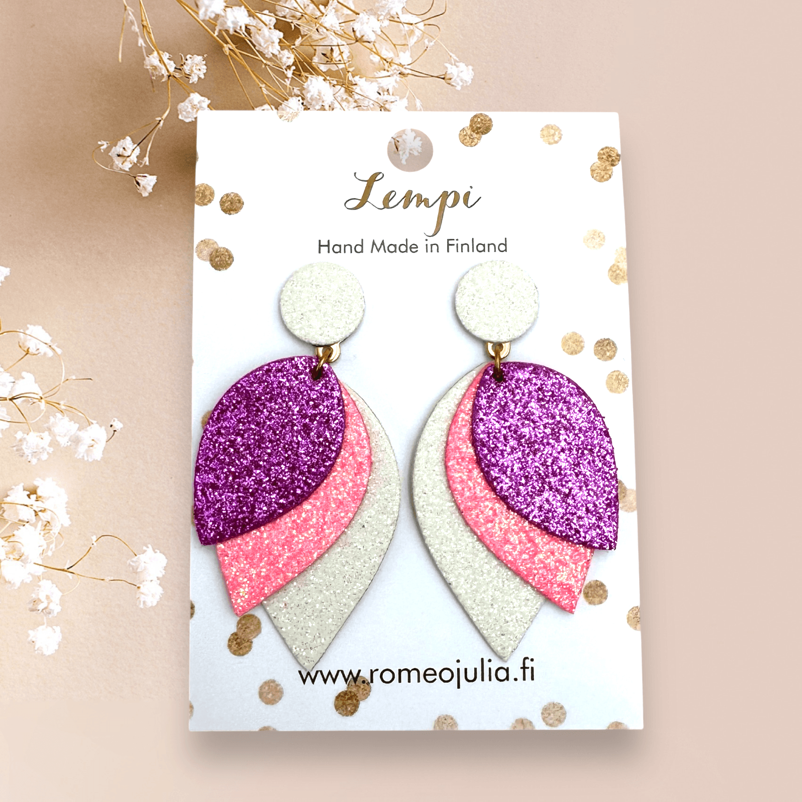 LEMPI® earrings, Glow (white-pink glitter)