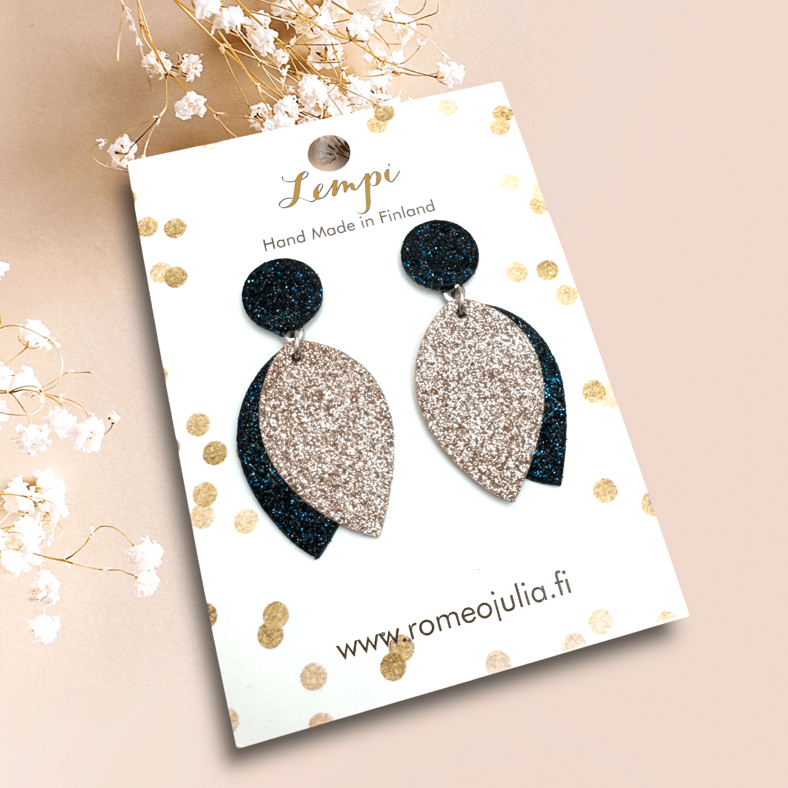 LEMPI® earrings, Bud (blue-rose gold glitter)