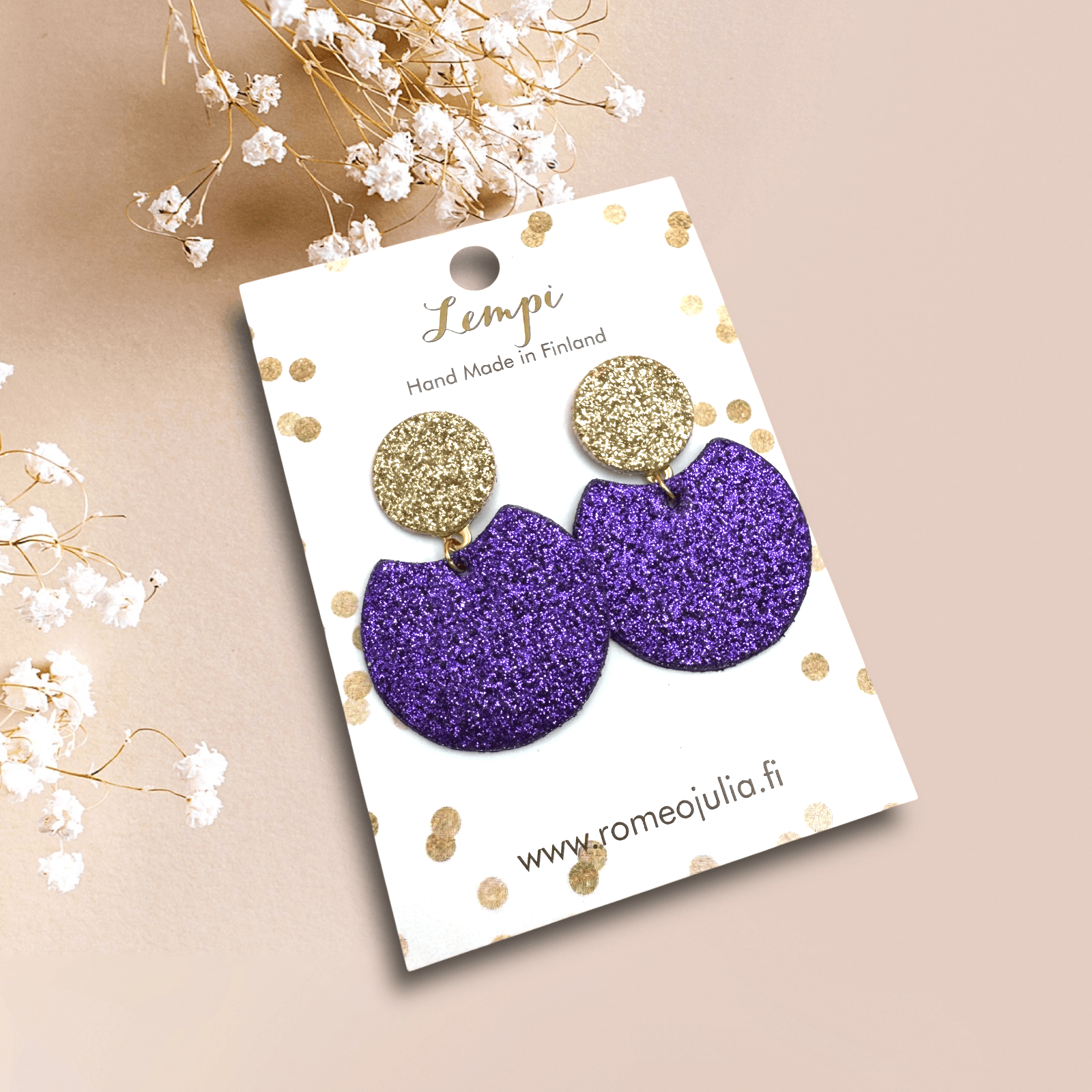 LEMPI® earrings, Tilda size S (glitter purple - glitter gold)