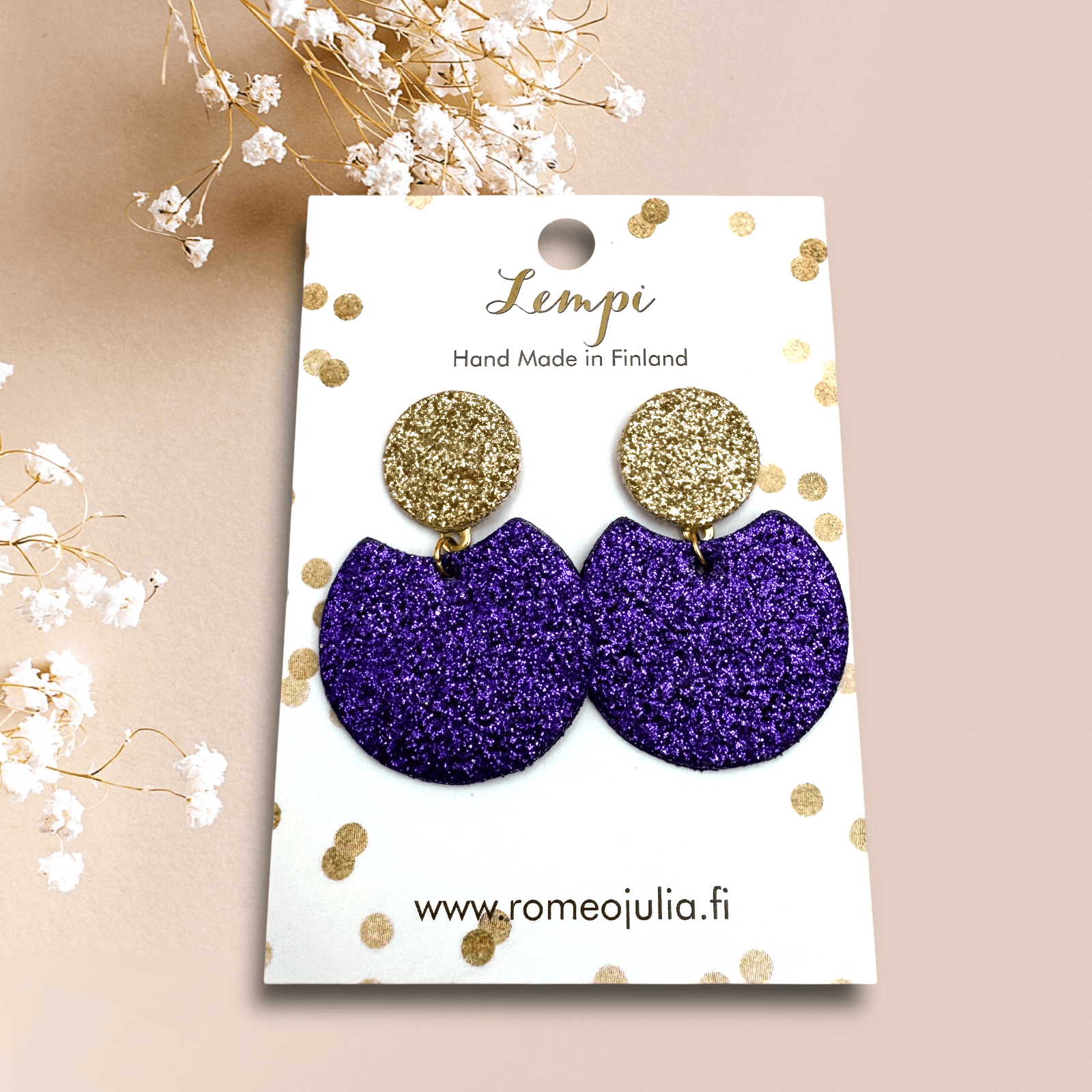 LEMPI® earrings, Tilda size S (glitter purple - glitter gold)