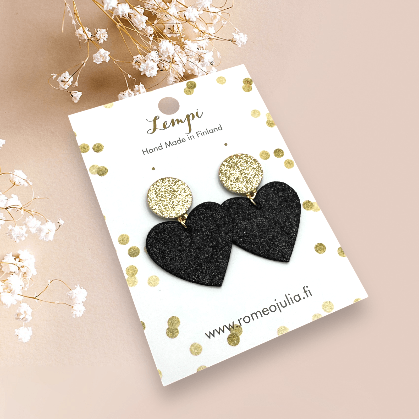 LEMPI® earrings, Tender heart earrings (black / gold glitter)