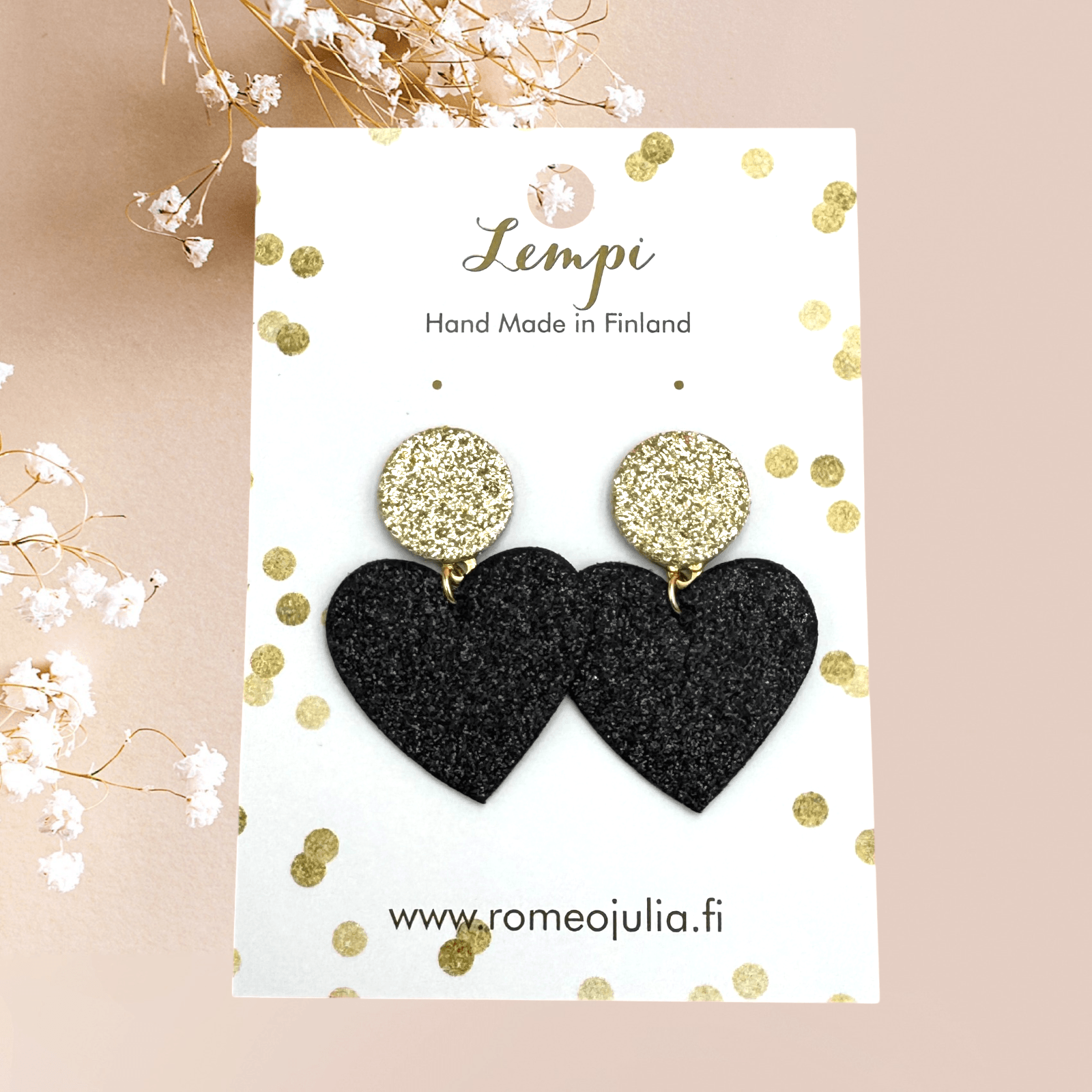 LEMPI® earrings, Tender heart earrings (black / gold glitter)