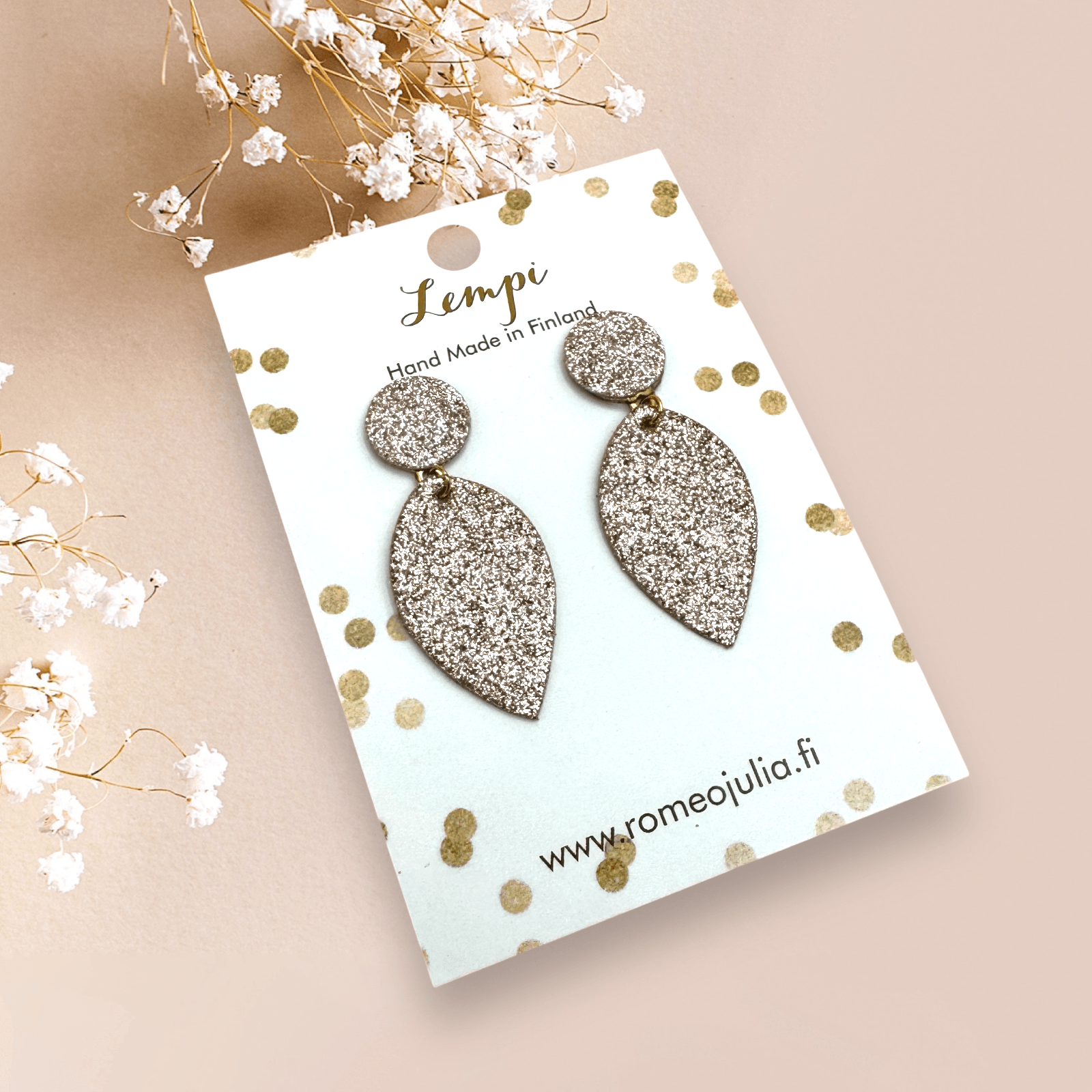 LEMPI® earrings, Leaf (rose gold glitter)