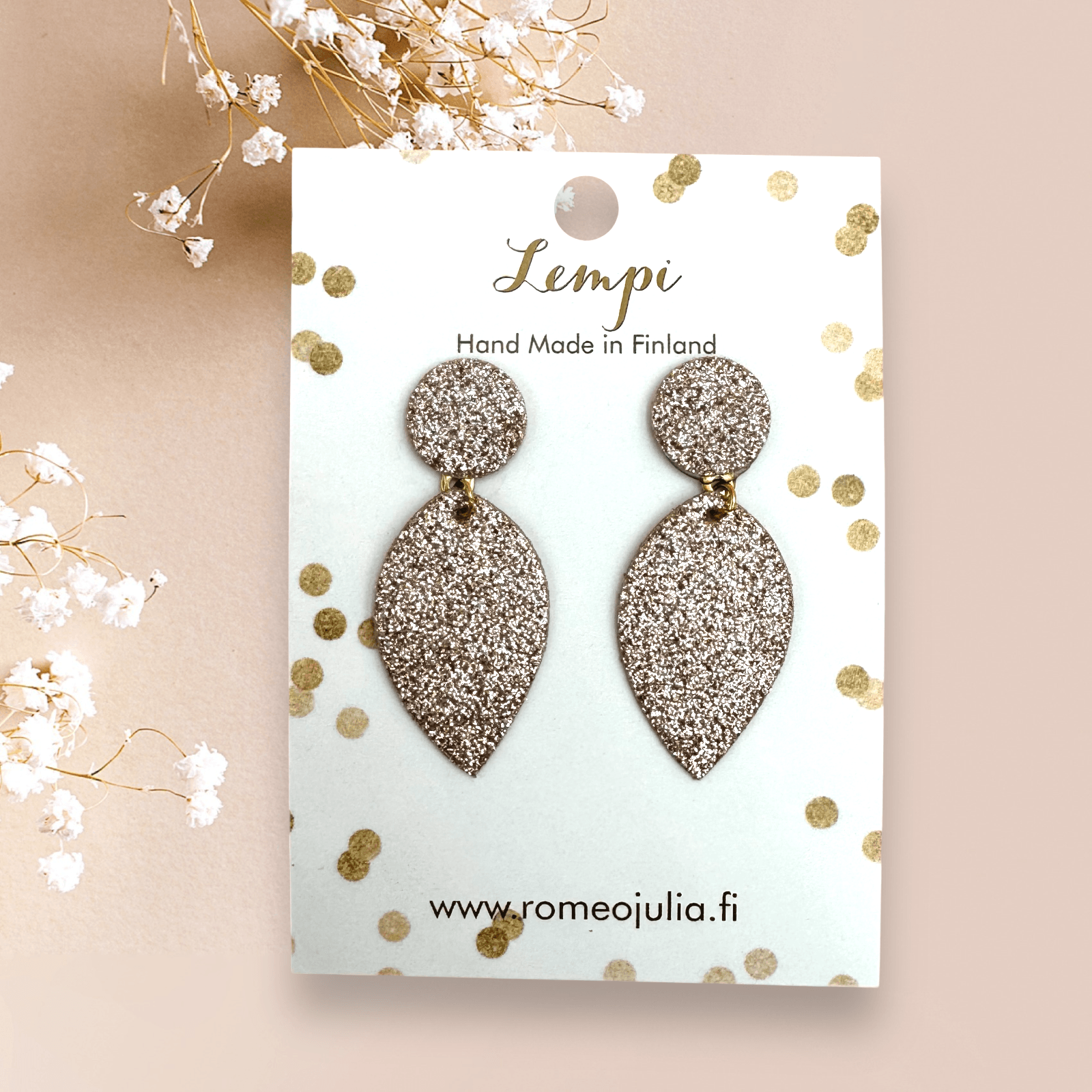 LEMPI® earrings, Leaf (rose gold glitter)