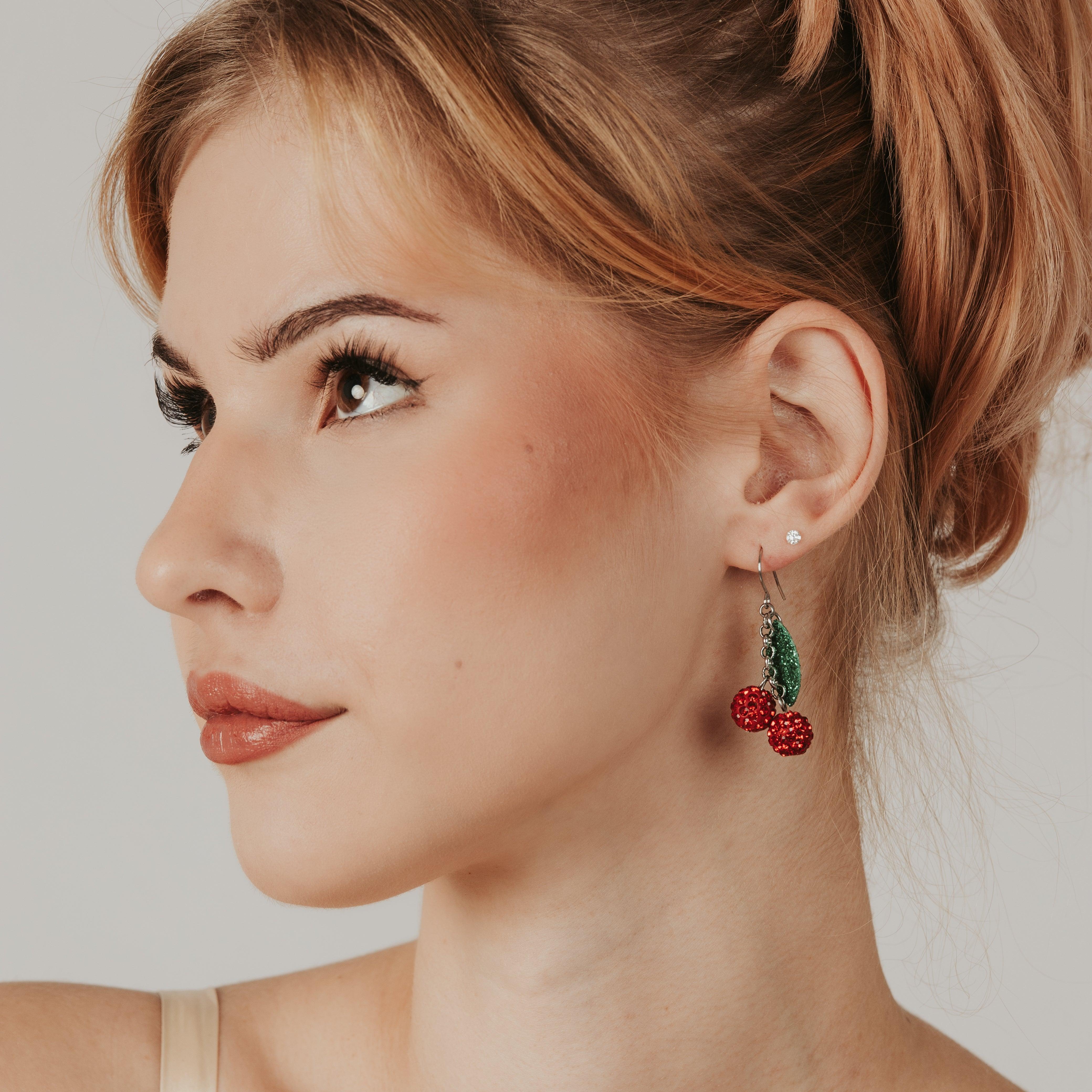 LEMPI® earrings, Cherry (red glitter / glittering leaf)