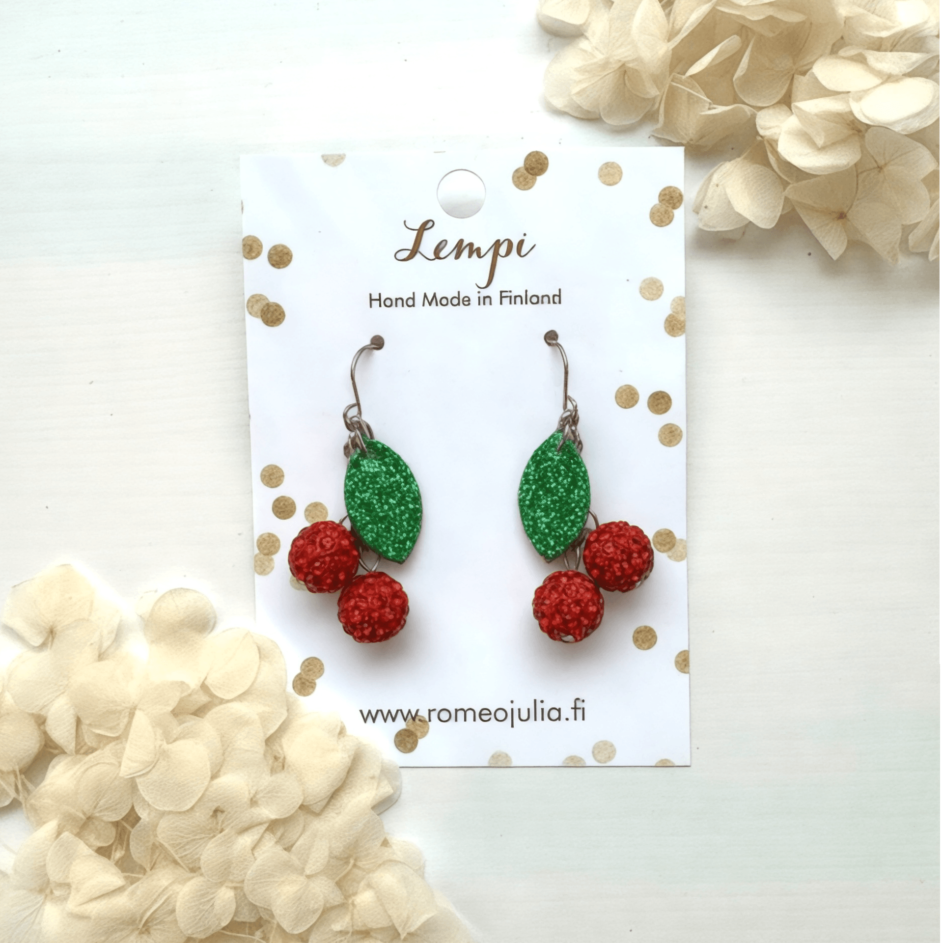 LEMPI® earrings, Cherry (red glitter / glittering leaf)