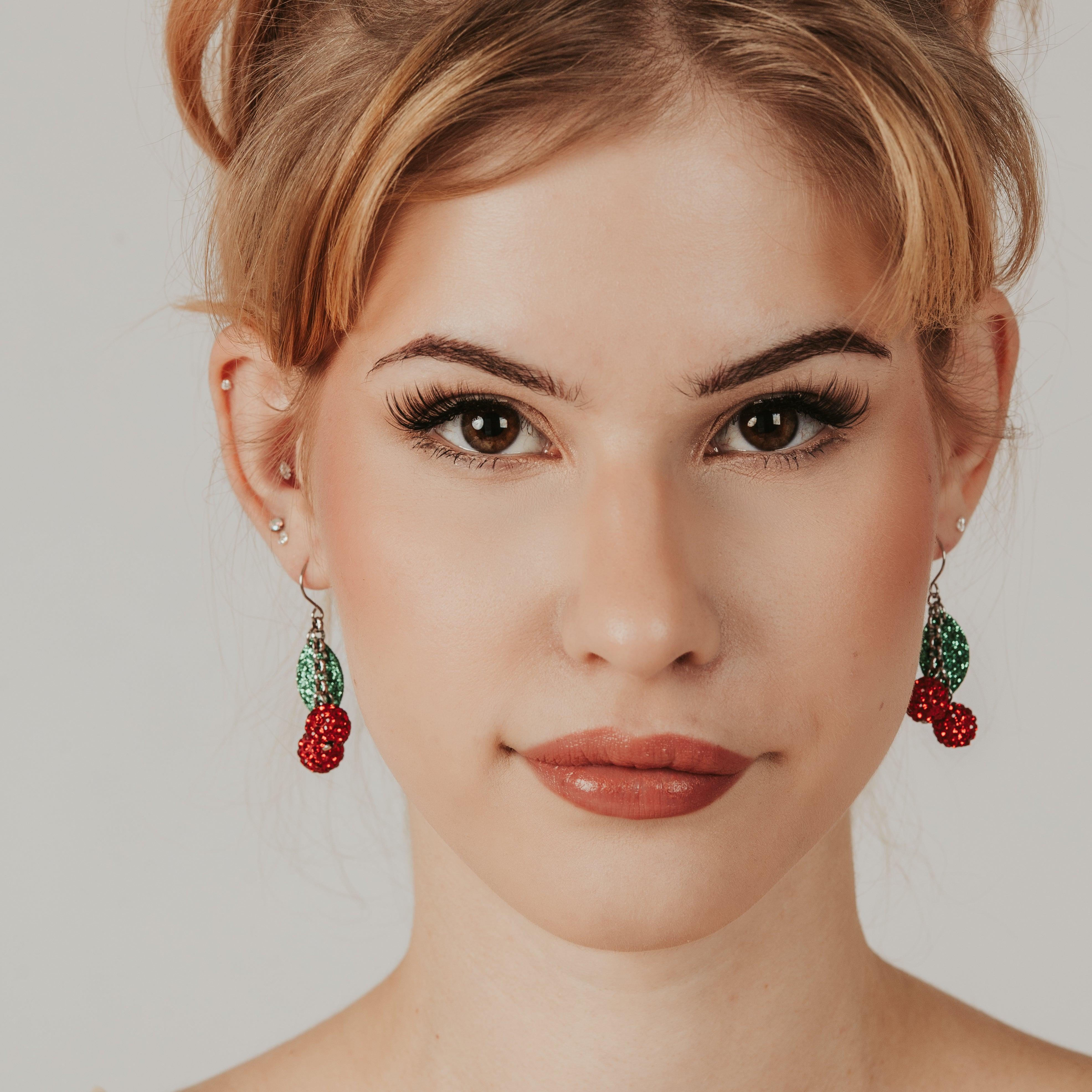 LEMPI® earrings, Cherry (red glitter / glittering leaf)