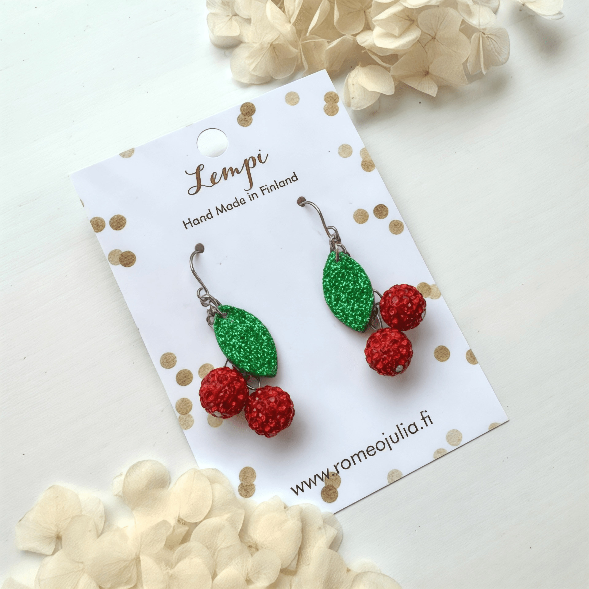 LEMPI® earrings, Cherry (red glitter / glittering leaf)