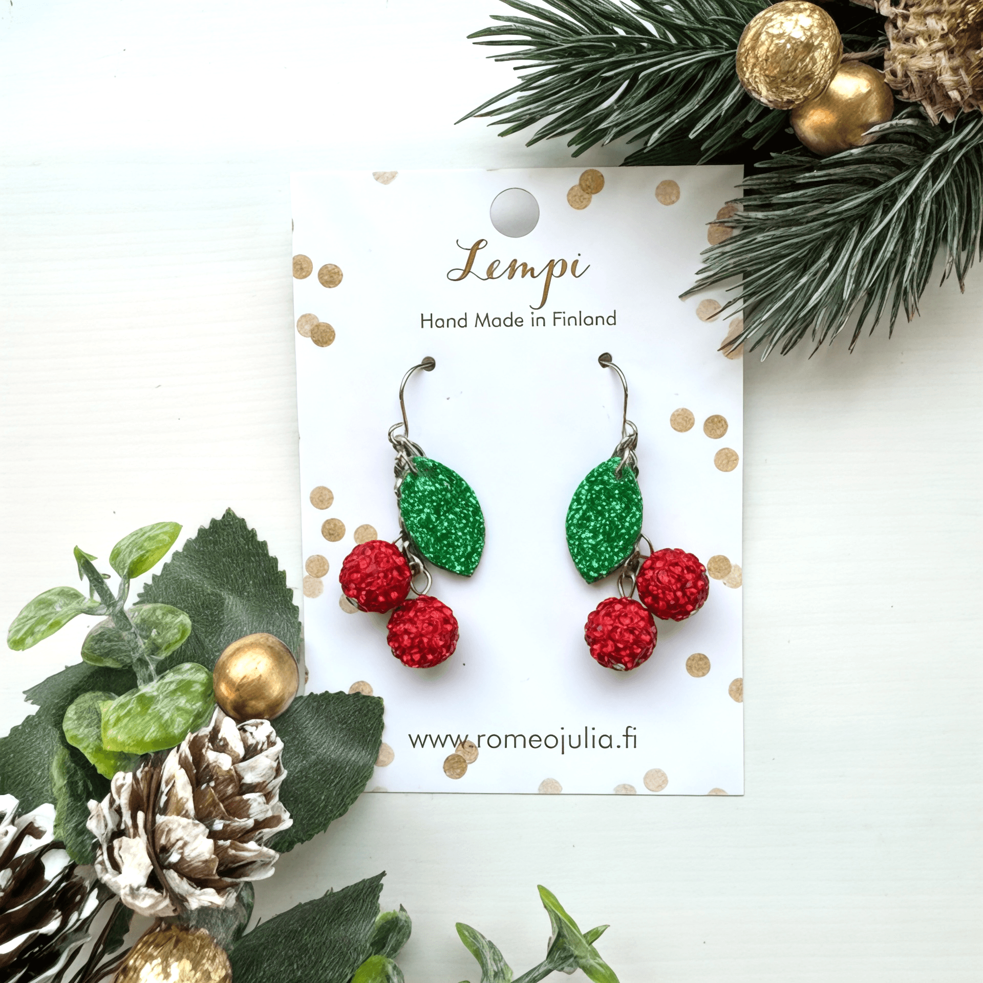 LEMPI® earrings, Cherry (red glitter / glittering leaf)