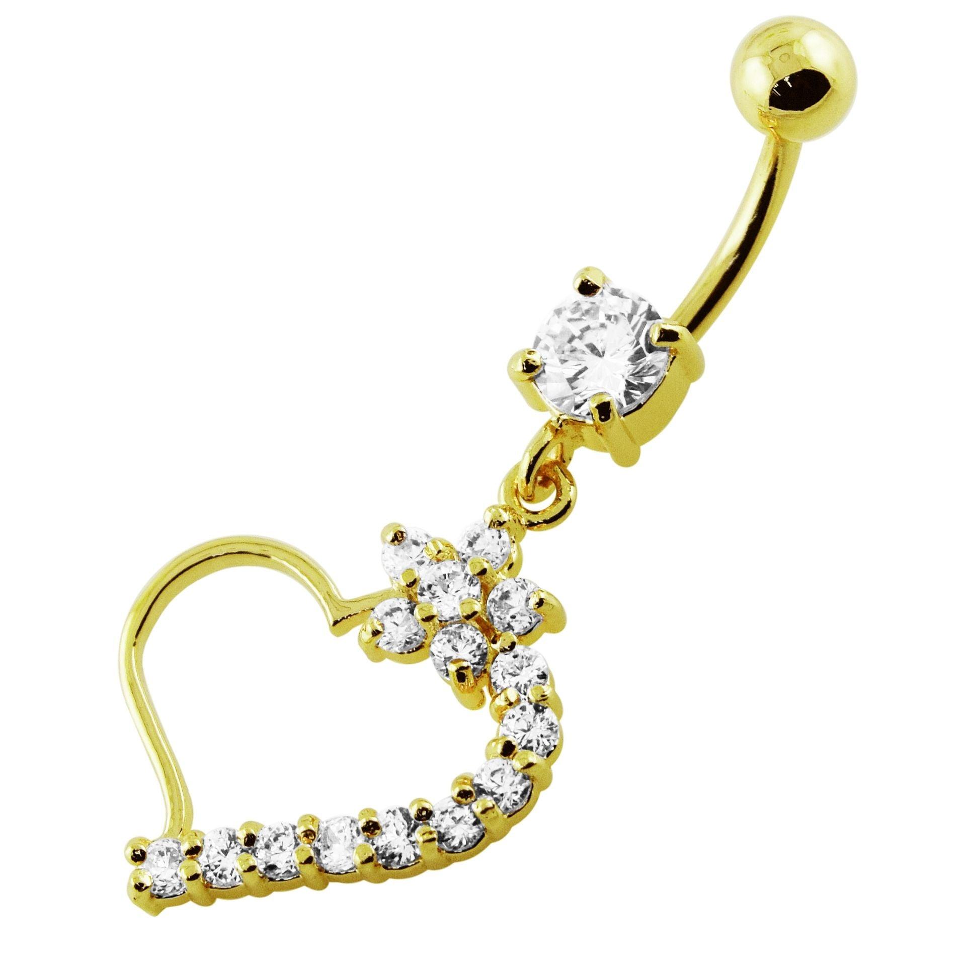 Gold-plated belly button ring, Sophie belly button ring with hanging heart decoration