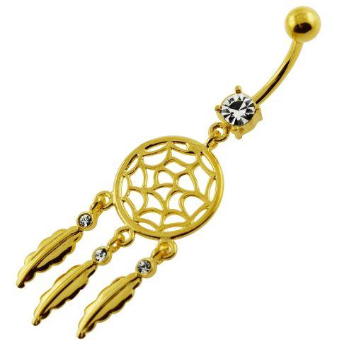 Gold-plated belly button ring, Dream Catcher -dangle dream catcher belly button ring