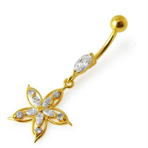 Gold-plated belly button ring, Josephine - dangling clear stone belly button ring