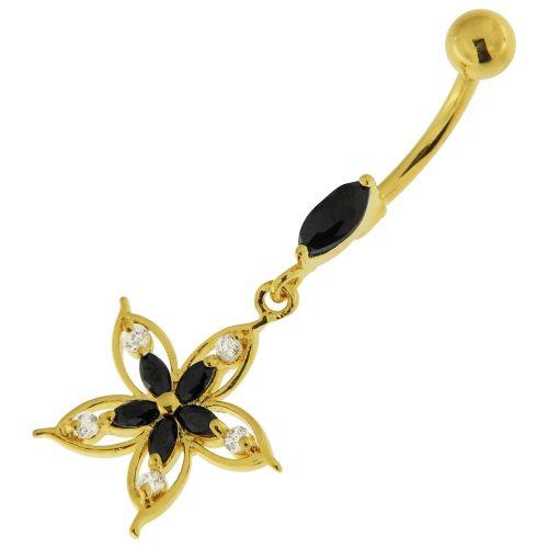 Gold-plated belly button ring, Josephine - dangling black stone belly button ring