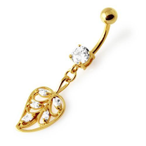 Gold-plated belly button ring, clear belly button ring with Magnolia leaf decoration 