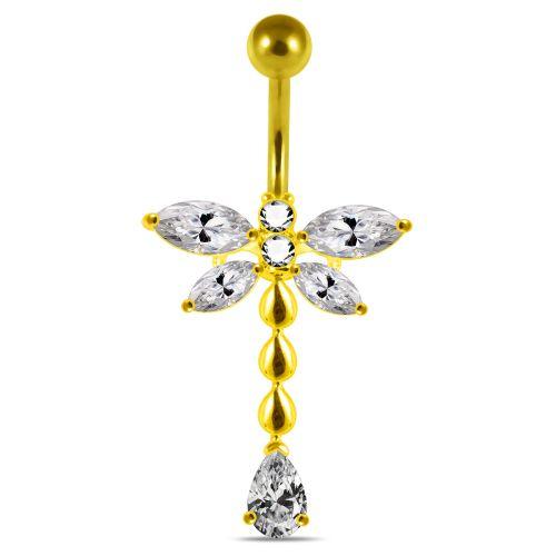 Gold-plated belly button ring, Dragonfly dangling belly button ring