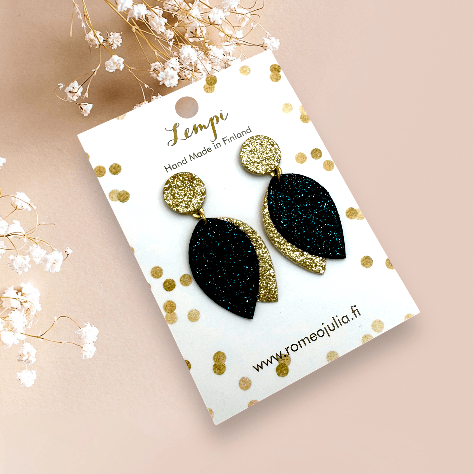 LEMPI® earrings, Bud (midnight blue &amp; gold glitter)