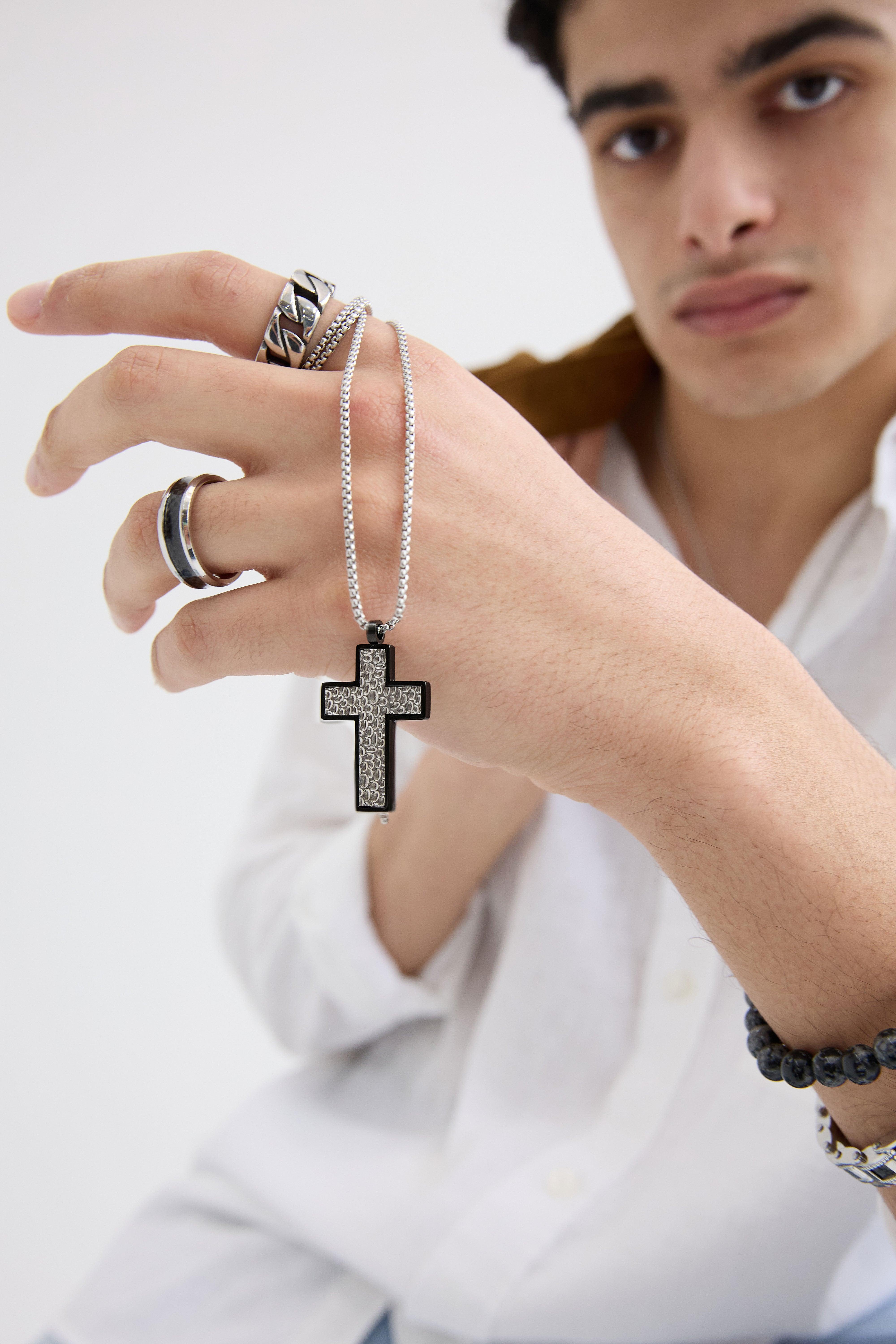 Surgical steel necklace, Lucas black-edged cross with chain