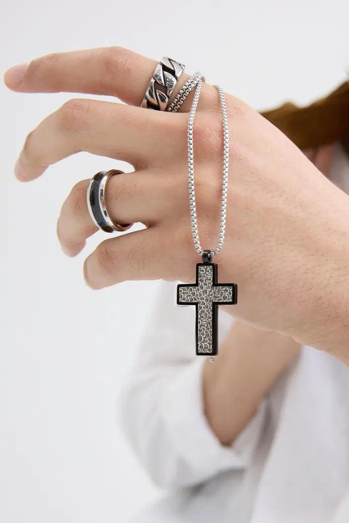 Surgical steel necklace, Lucas black-edged cross with chain