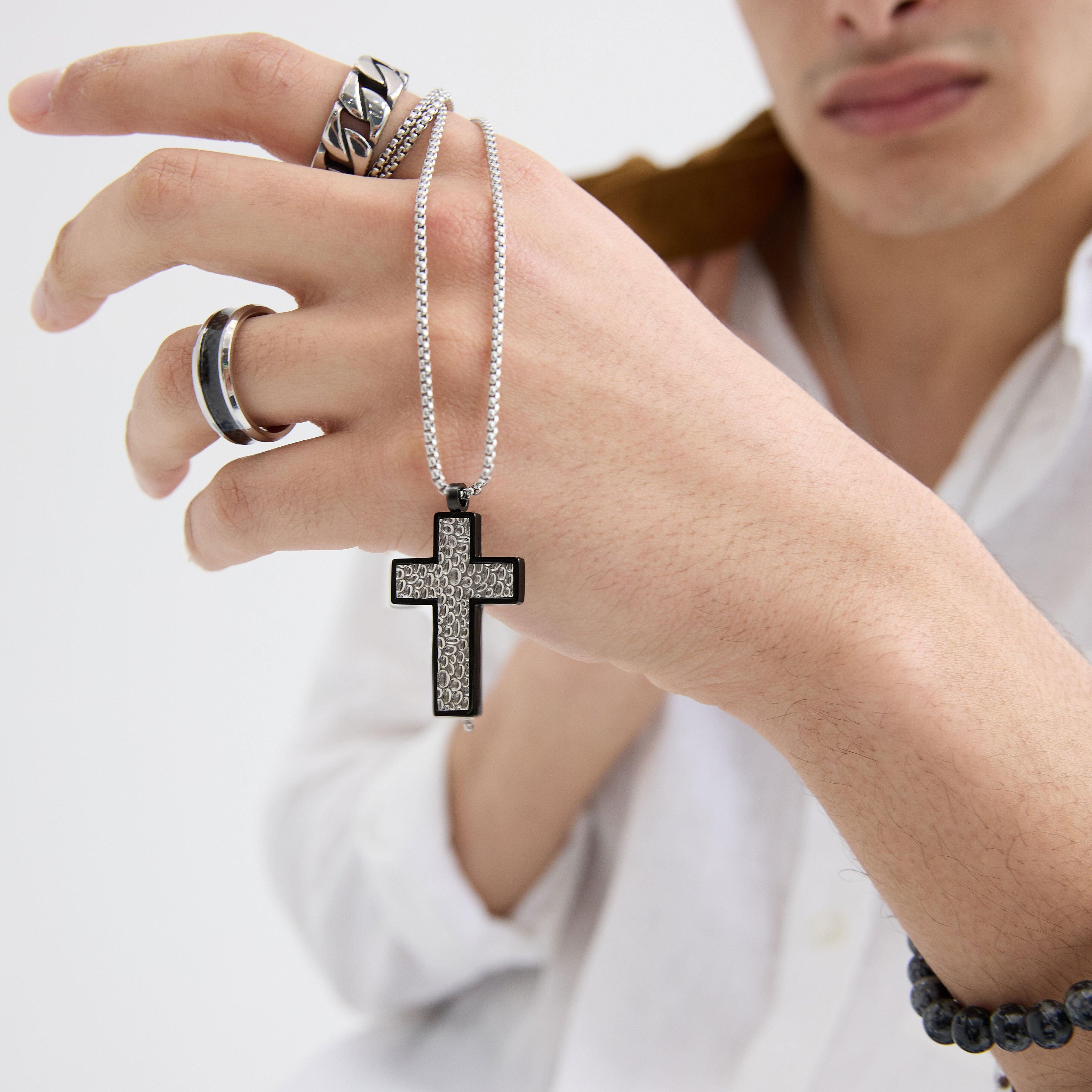 Surgical steel necklace, Lucas black-edged cross with chain