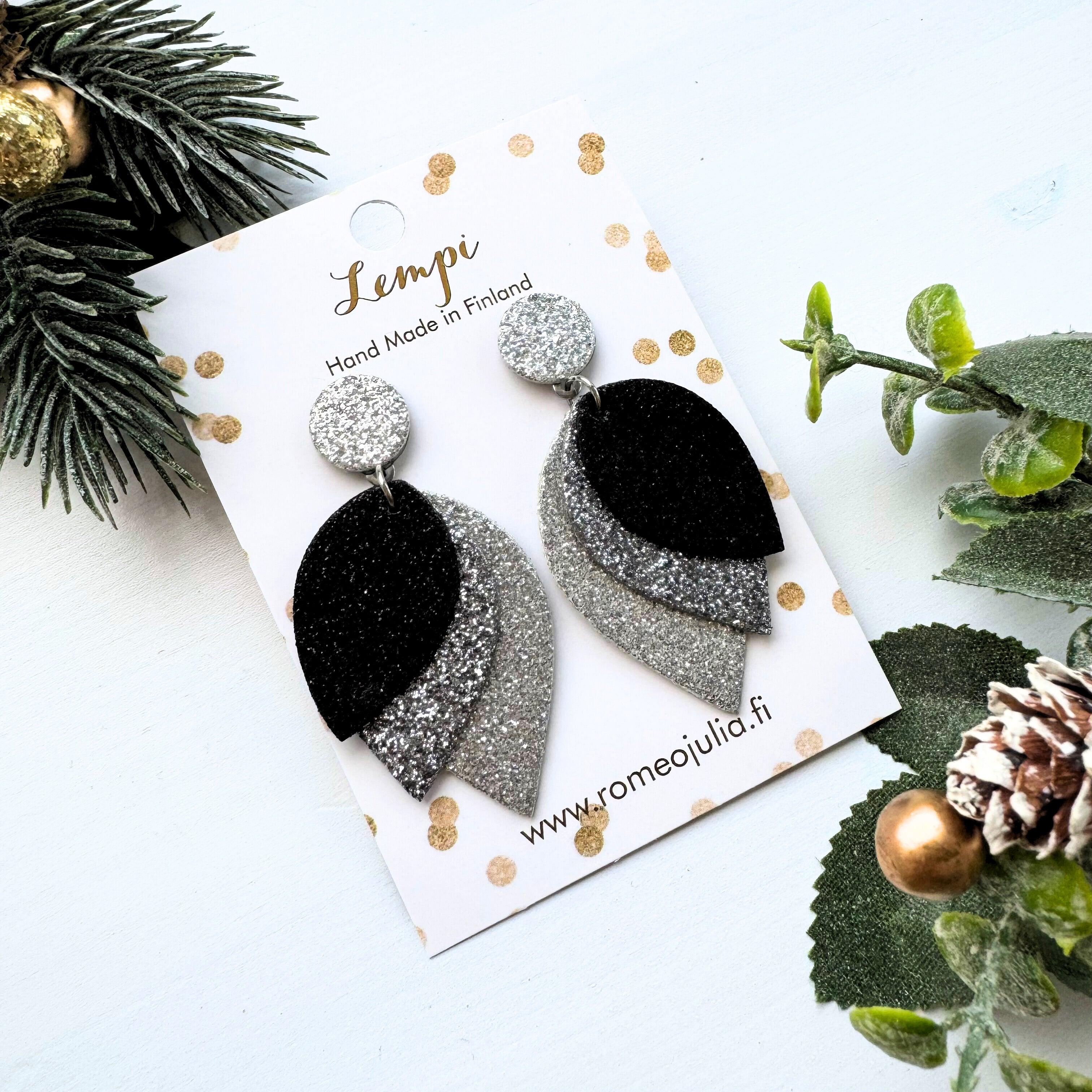 LEMPI® earrings, Glow (silver-black glitter)