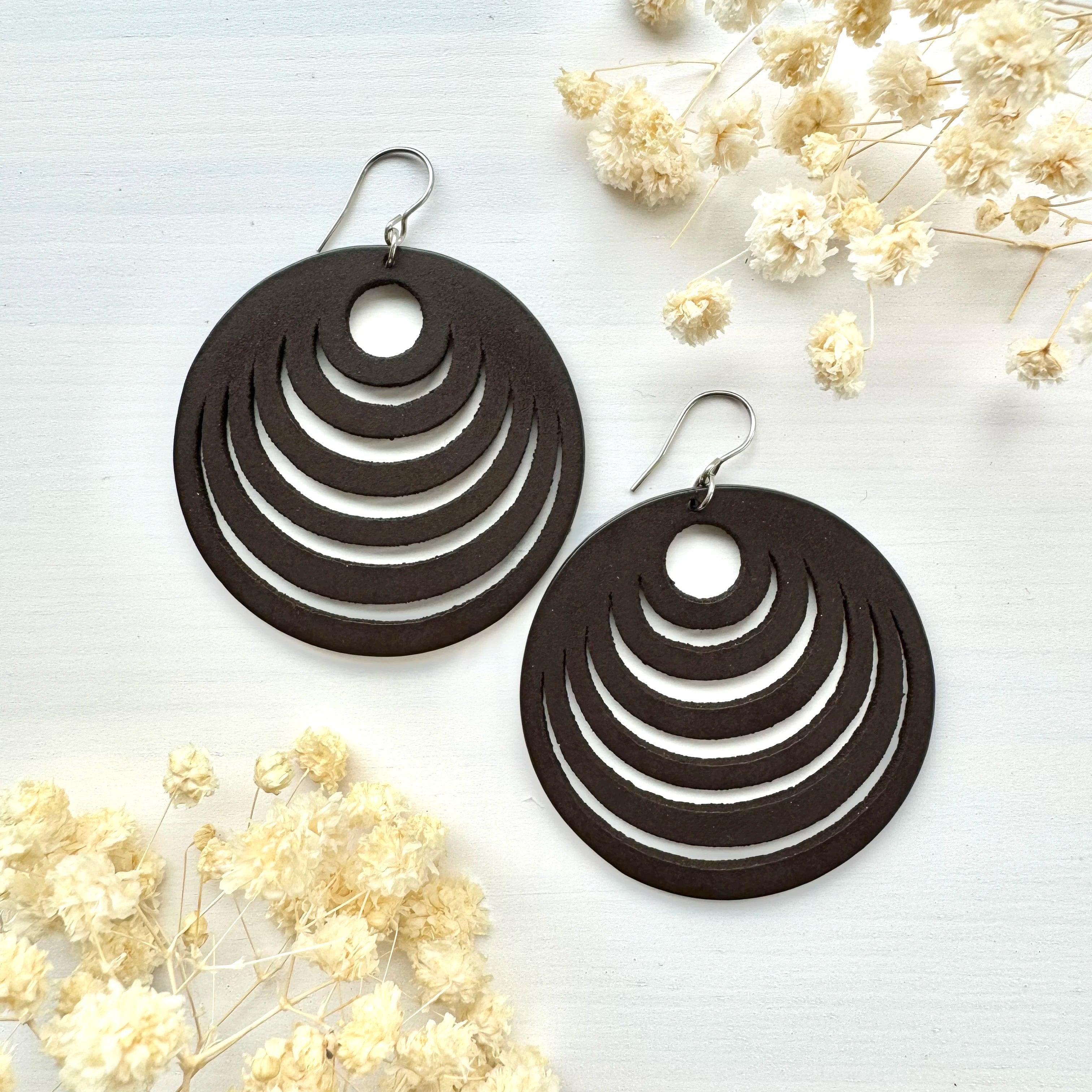 Wooden earrings, Marjut - black-brown round wooden earrings