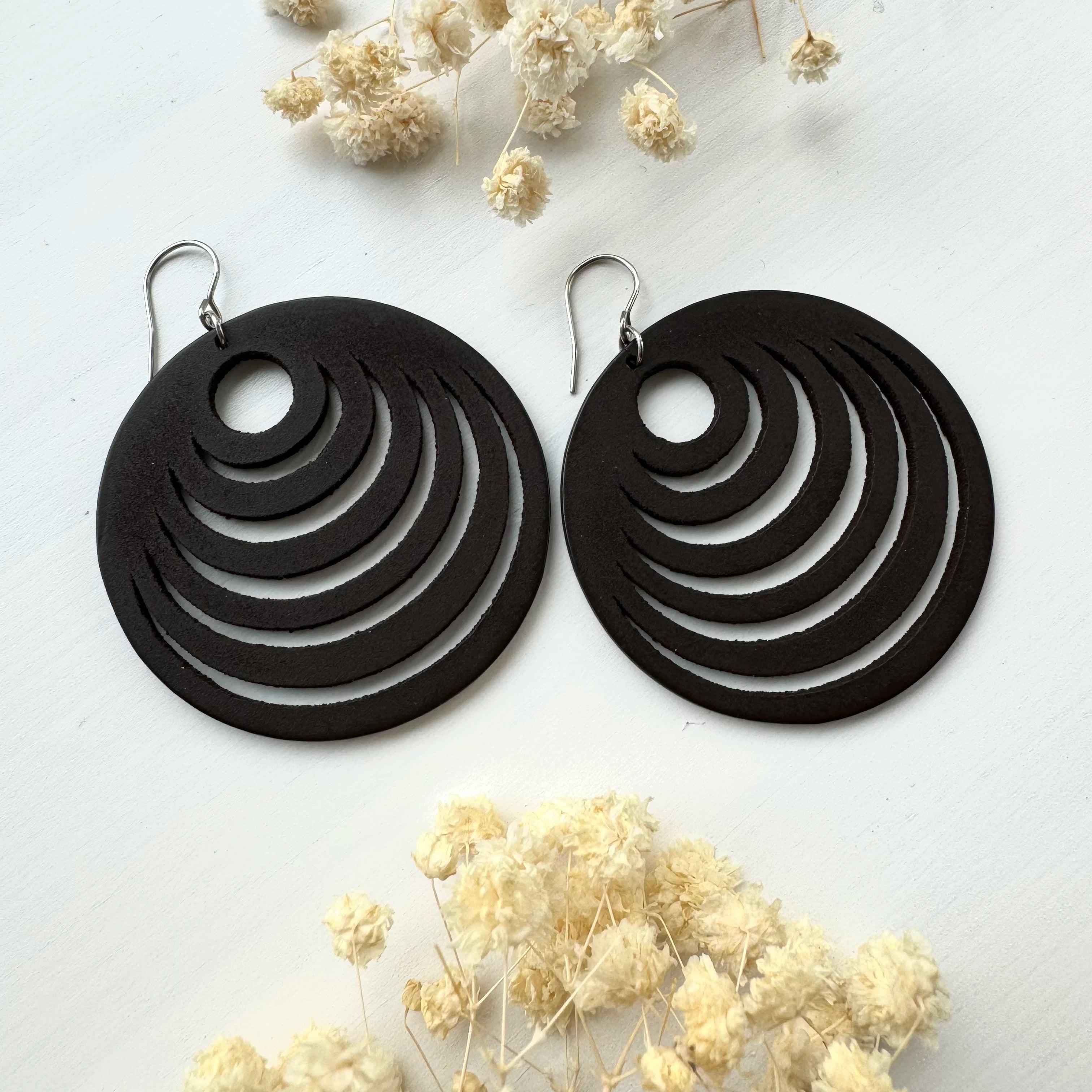 Wooden earrings, Marjut - black-brown round wooden earrings