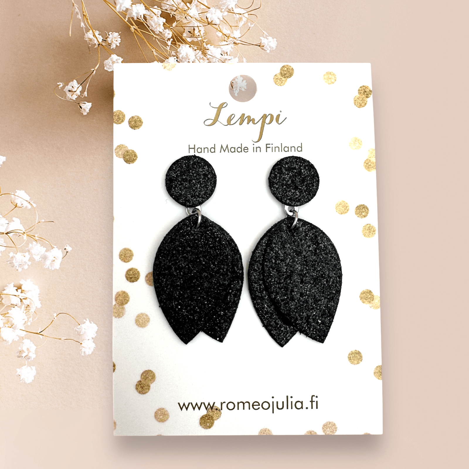 LEMPI® earrings, Bud (black glitter)