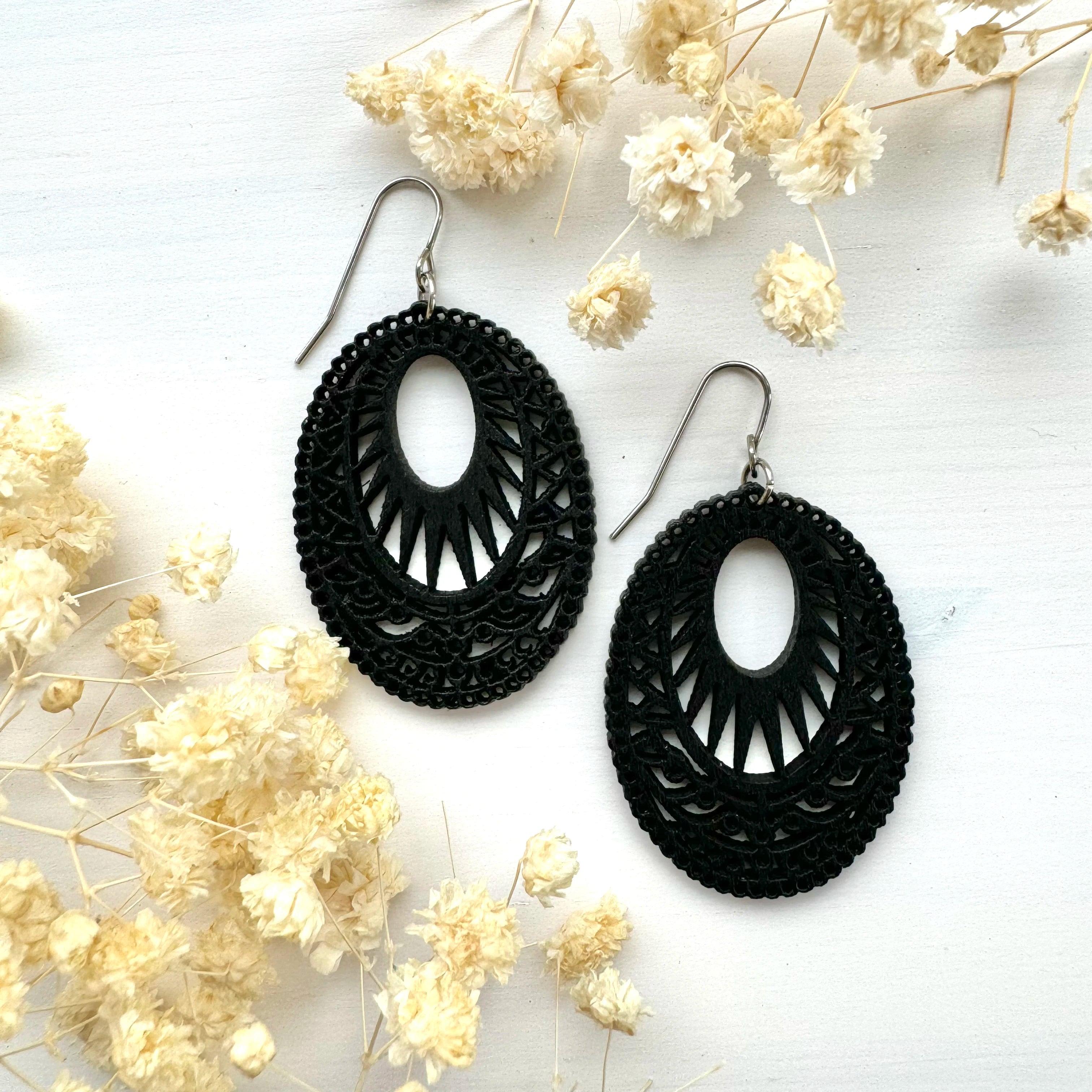 Earrings, Oval Black Lace - black lace-decorated wooden earrings