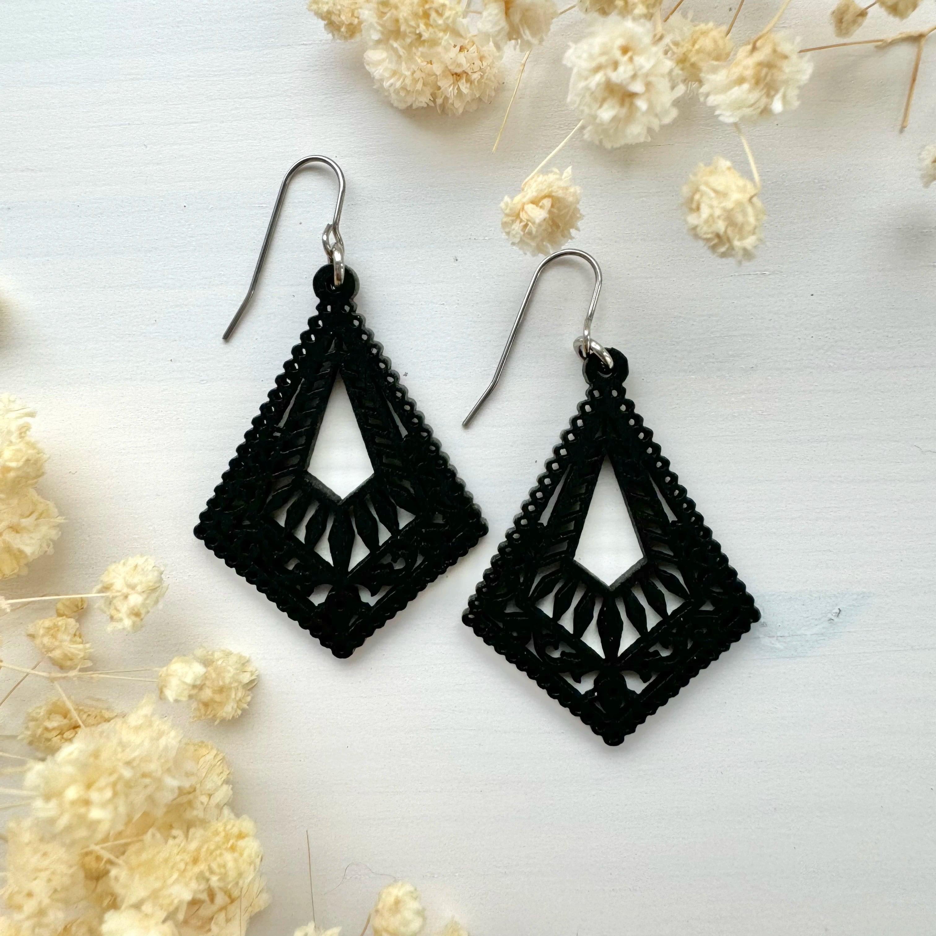 Earrings, Black Lace - wooden earrings with black lace decoration