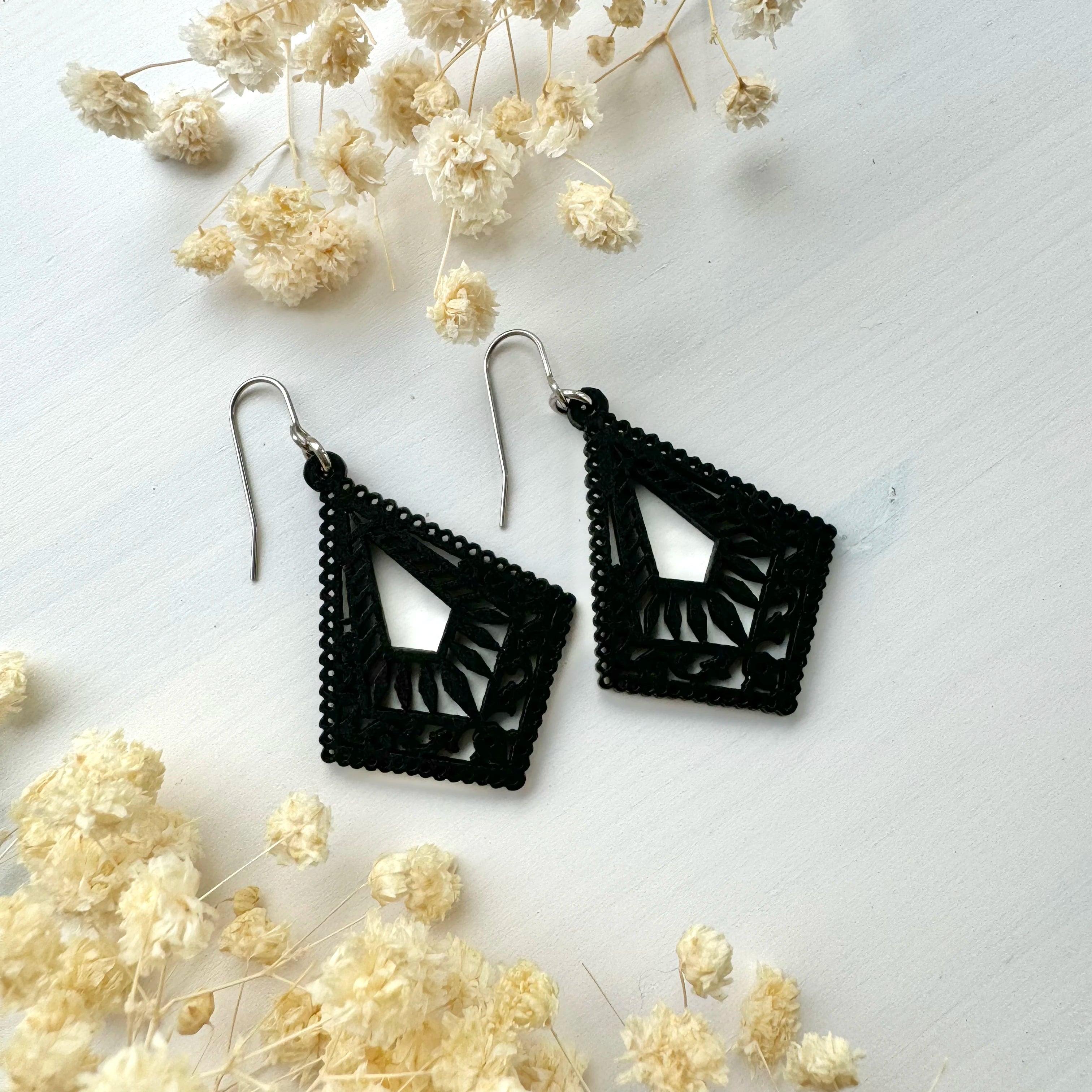 Earrings, Black Lace - wooden earrings with black lace decoration