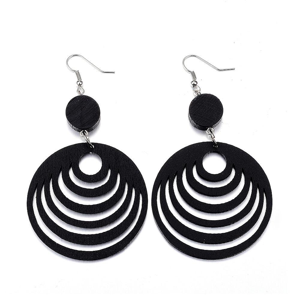 Wooden earrings, Waves (black) - black round wooden earrings