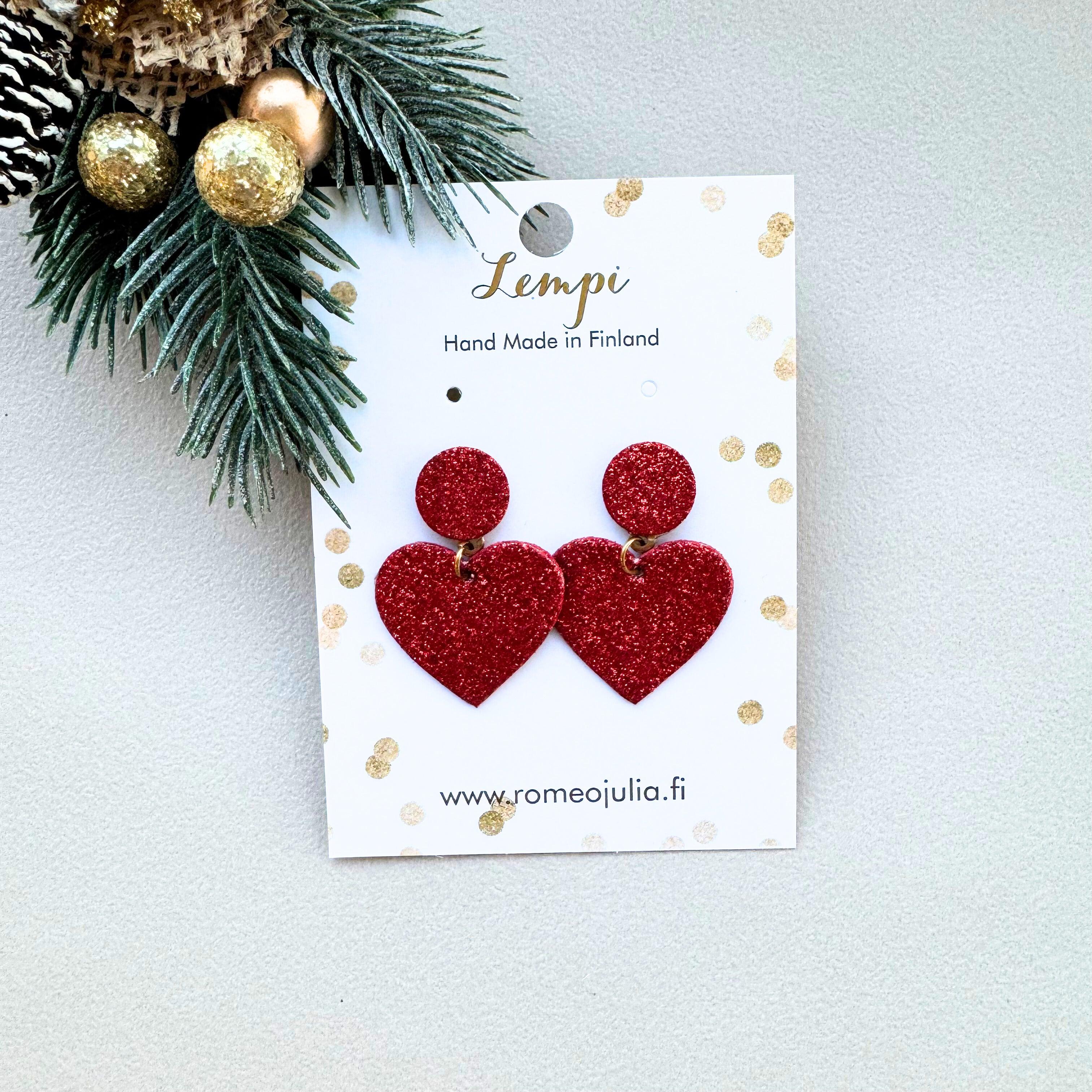 LEMPI® earrings, Tender heart earrings (red glitter / gold)